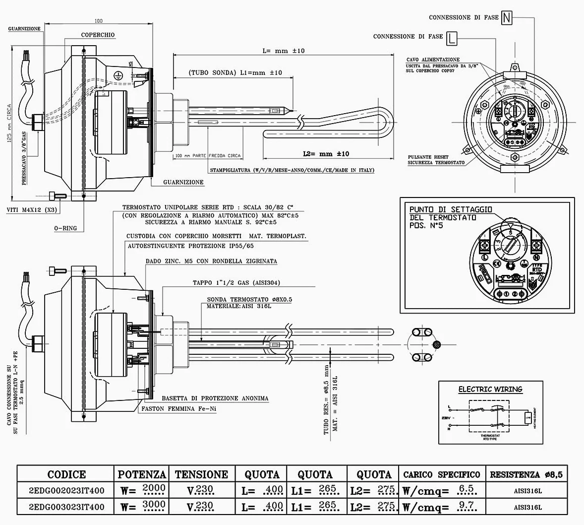 Resistenza elettrica corazzata 3 kW monofase con termostato a riarmo manuale regolabile fino a 82°C, 230 V