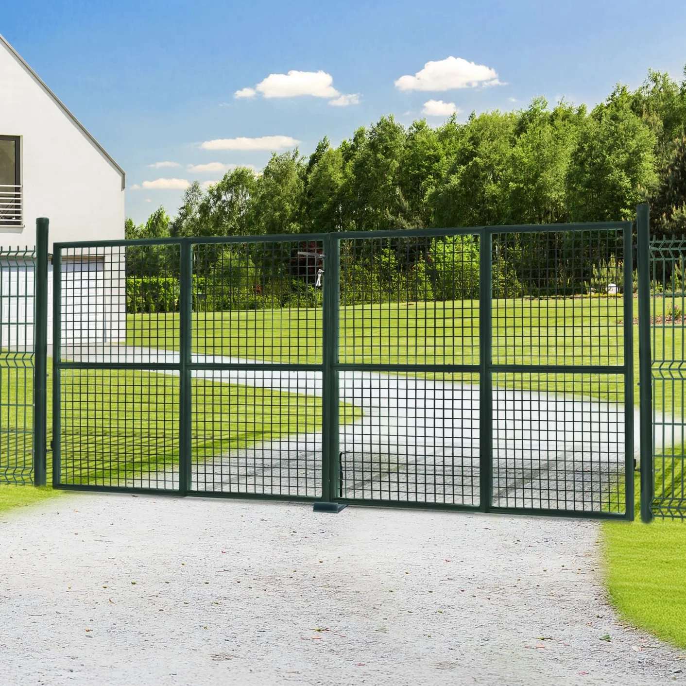 IDMarket - Cancello di recinzione in acciaio verde 315 x 150 cm con serratura e maniglia