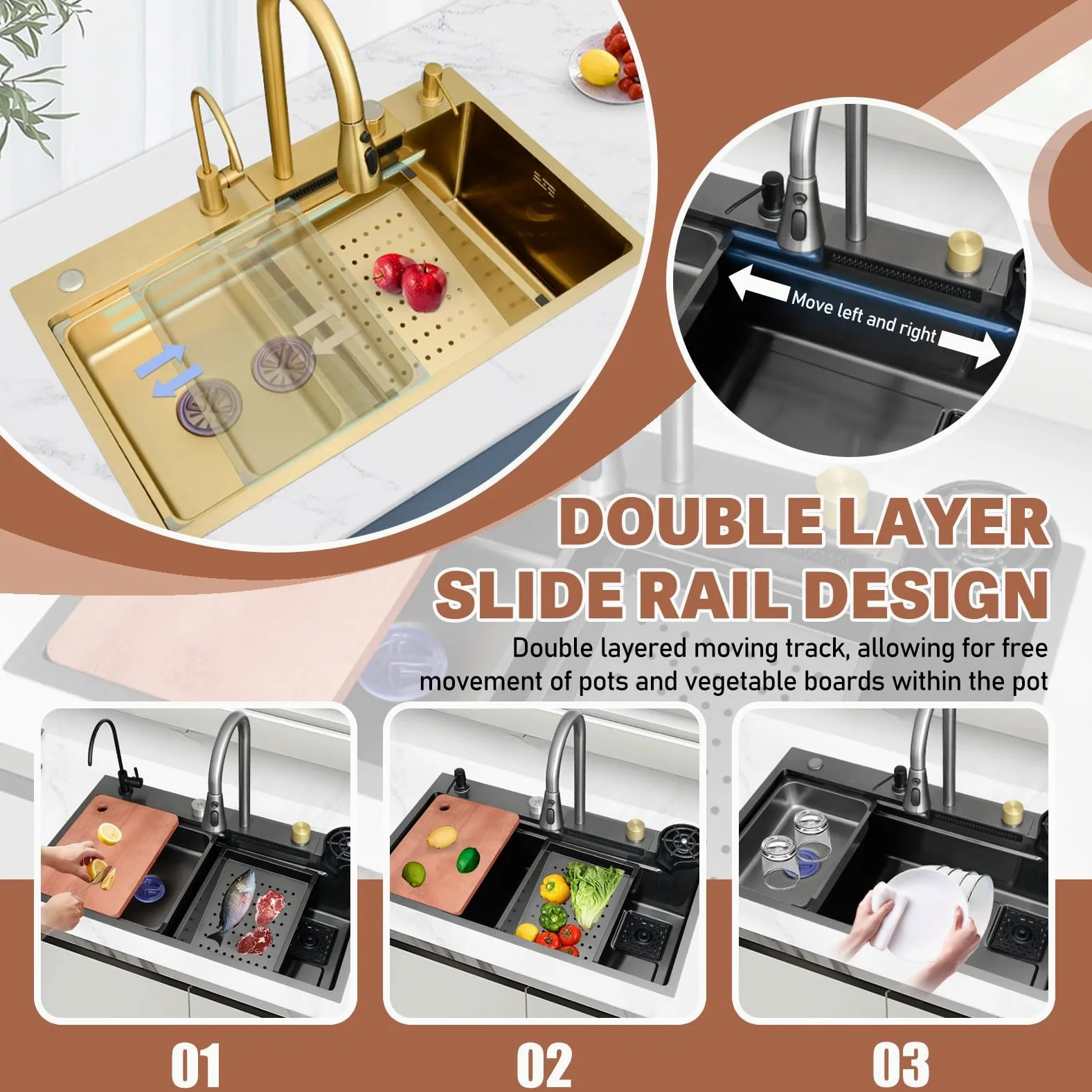 Lavello Da Cucina Multifunzionale In Acciaio Inox A Cascata, Lavello Da Postazione Di Lavoro Di Grande Capacità, Lavello A Vasca Singola Da Montare In Alto, Con Pomello Di Scarico E Accessori Completi