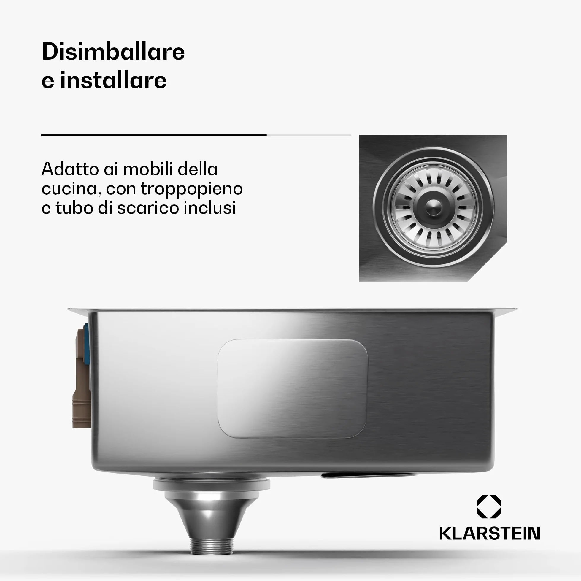 Klarstein Lavello Cucina – Acciaio Inox 304, Design Stretto 23 cm, Resistente a Graffi & Calore, Facile da Pulire, Include Kit Installazione & Troppopieno, 45x23 cm