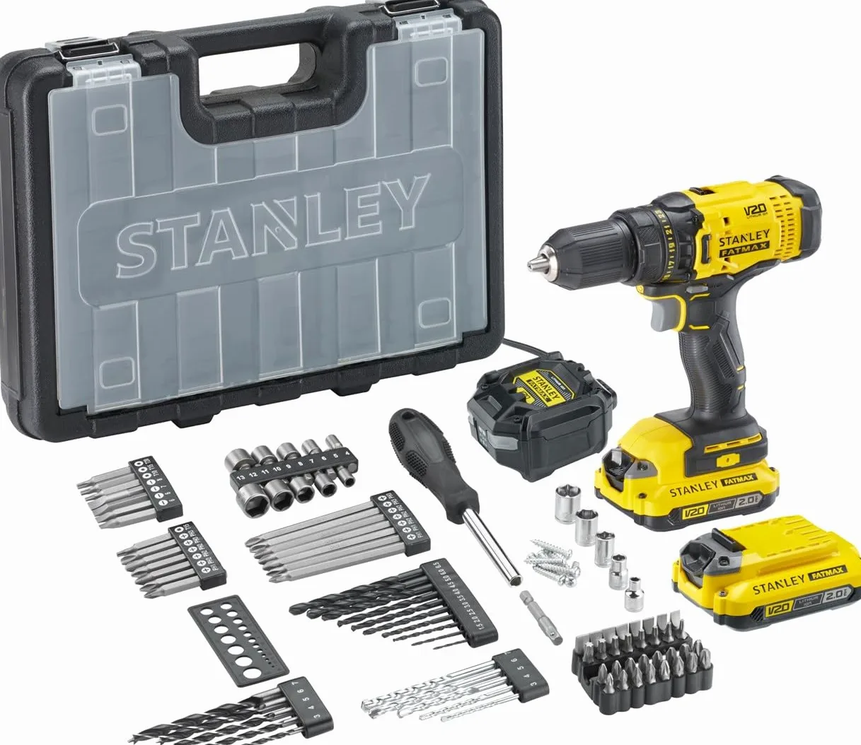 Stanley FatMax V20 Trapano Avvitatore 18V con 2 Batterie Litio 2Ah Con 100 Accessori SFMCD700D2A-QW