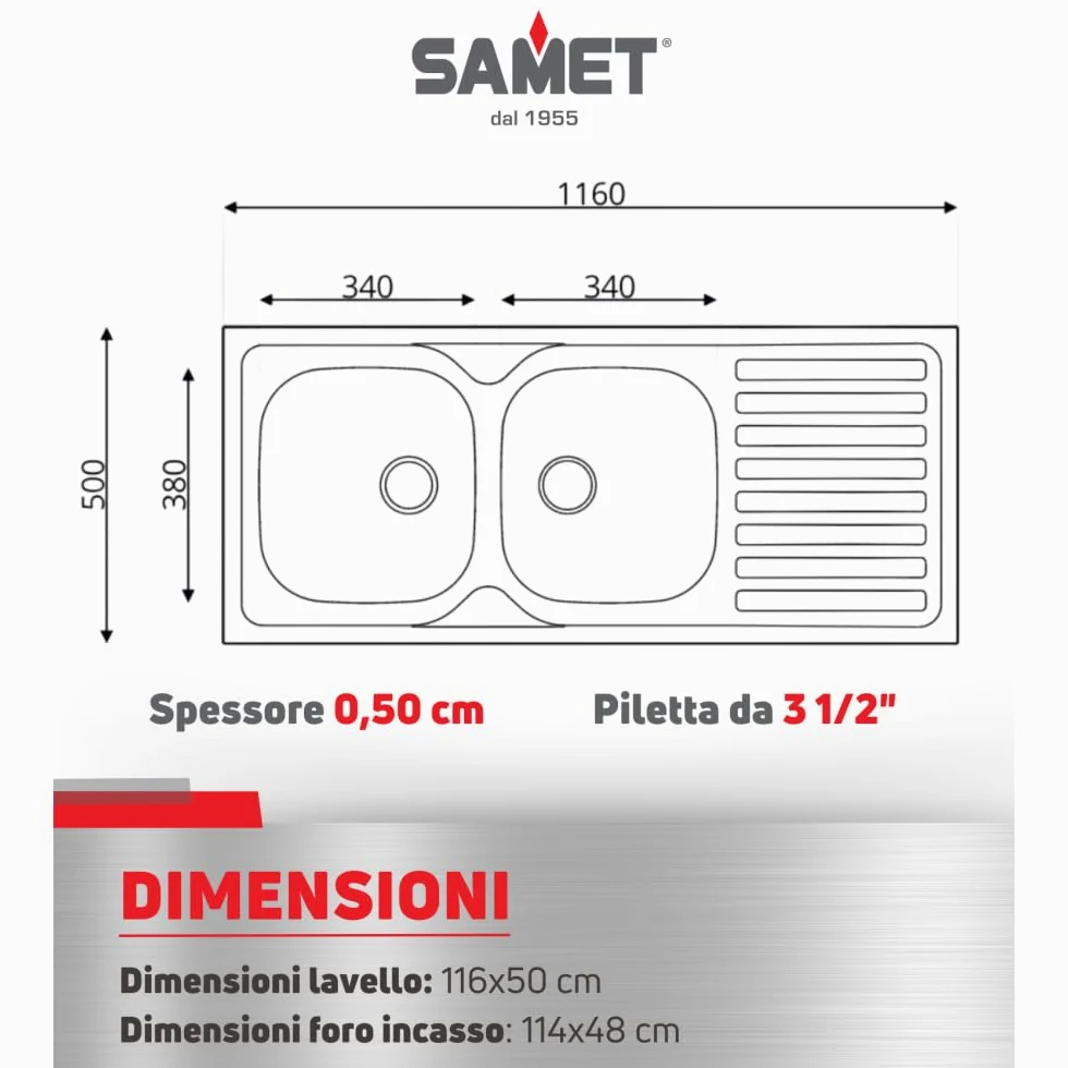 Lavello cucina due vasche acciaio da incasso gocciolatoio sx 50x116 cm