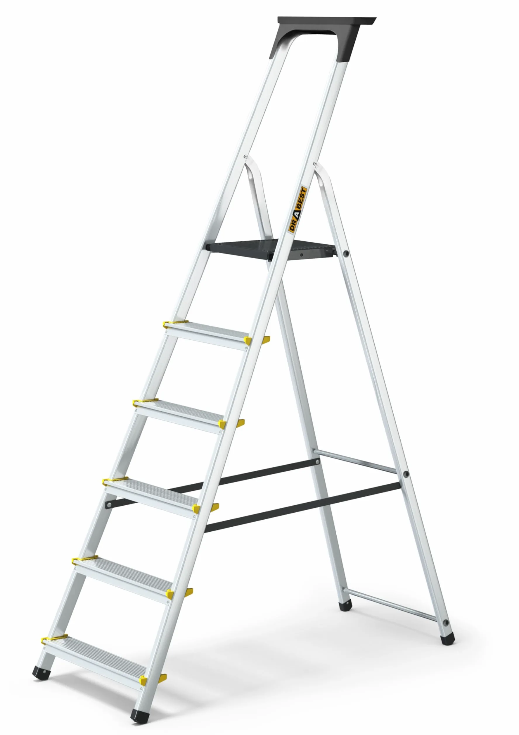 DRABEST Scaletta Domestica a 6 Gradini 150kg - Scaletta in Alluminio con Piedini Antiscivolo e Piattaforma per Scale da Lavoro - Fornita con Ripiano per Attrezzi - 48x191x12cm