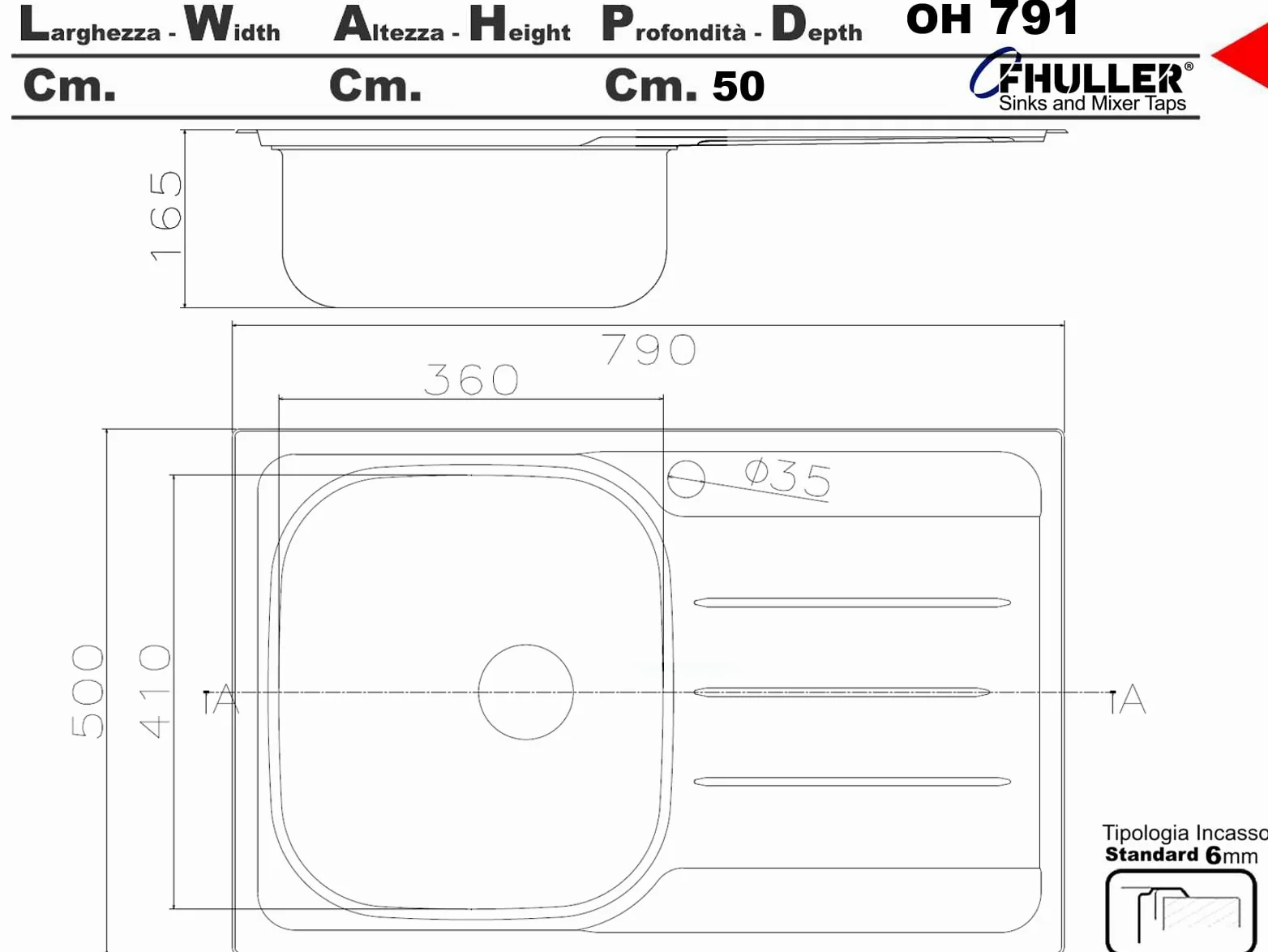 Lavello Cucina 1 Vasca con Gocciolatoio DX Inox 79 x 50 cm - 011551.S1.01.2016