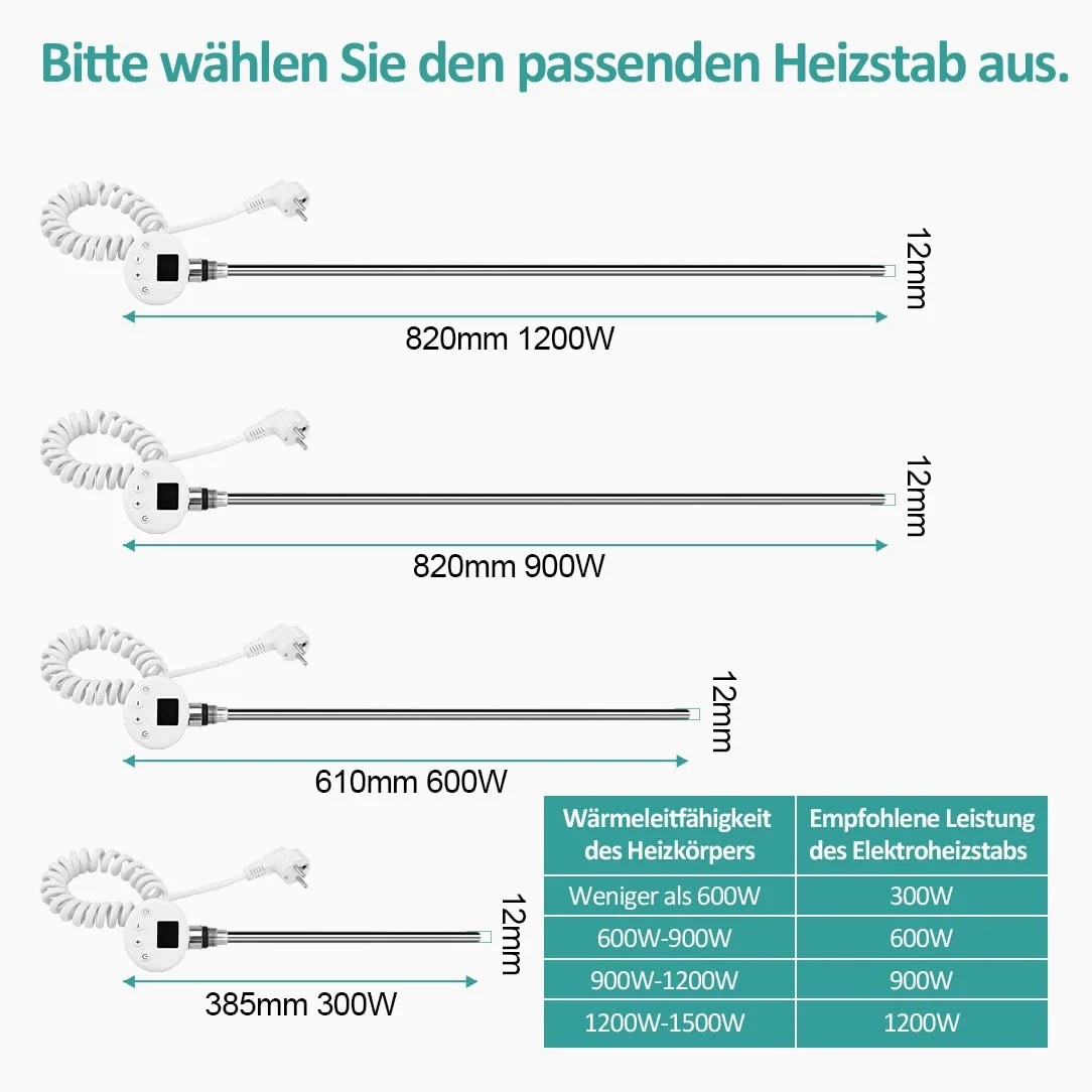 EMKE Barra riscaldante con termostato da 600 W, Colore Bianco, Elemento riscaldante per termosifoni da Bagno con Schermo LCD, Cartuccia riscaldante in Acciaio Inox, Adatta per radiatori