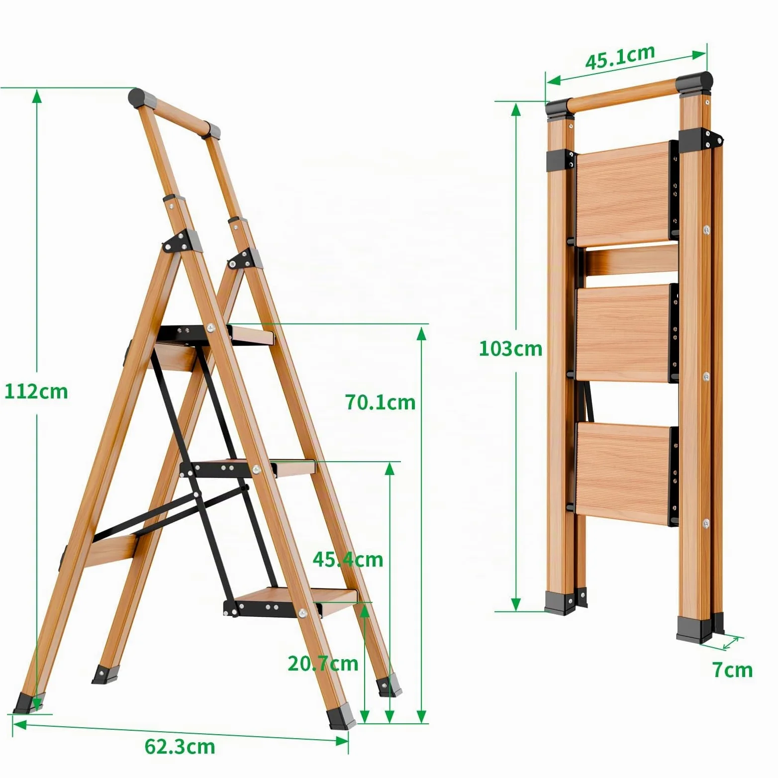 KULACO Scala multifunzione a 3 gradini antiscivolo, venature in legno, alluminio, fino a 150 kg
