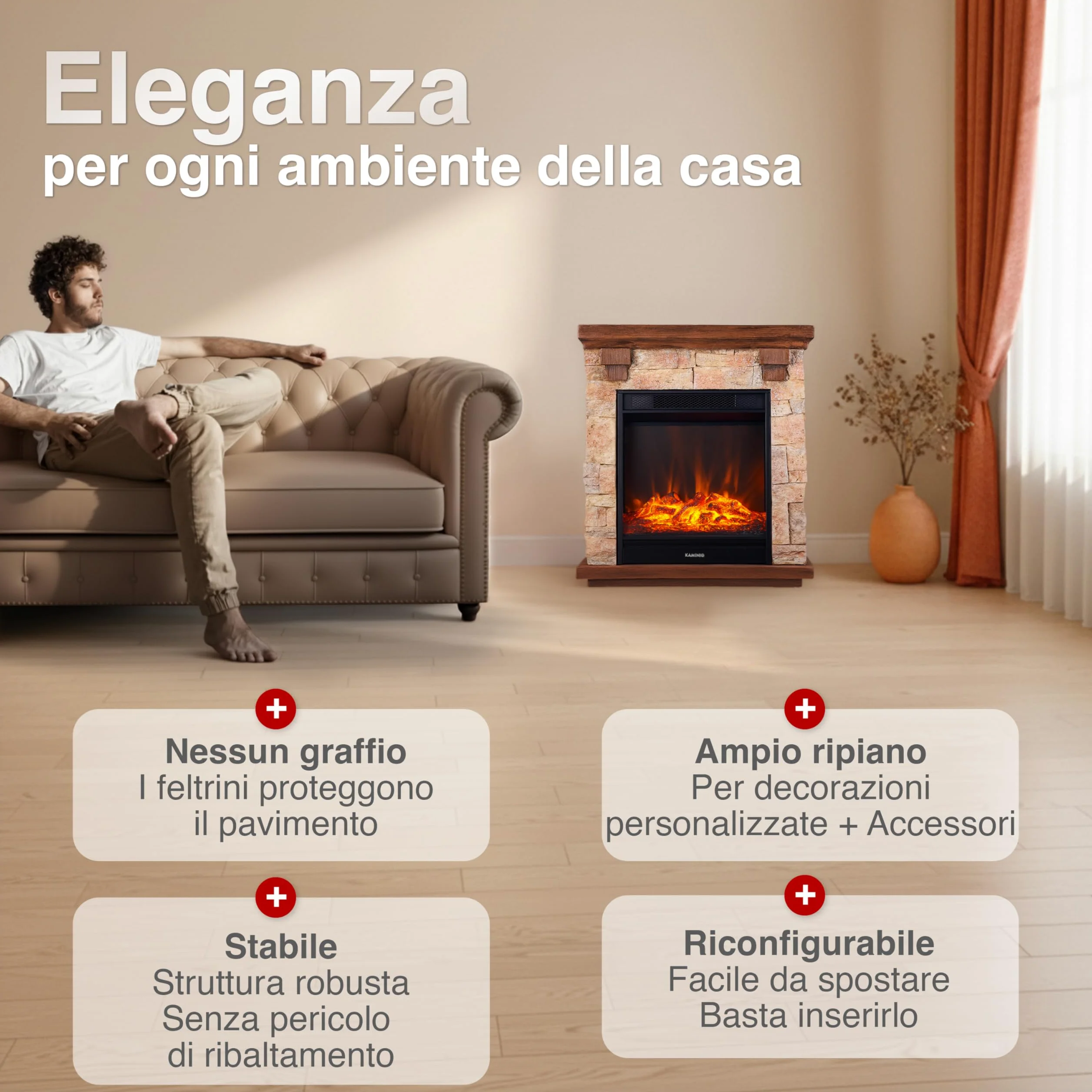 KAMINIO Camino elettrico Juan - Caminetto elettrico a pavimento in effetto pietra con riscaldamento, effetto fiamma 3D, telecomando (Beige)