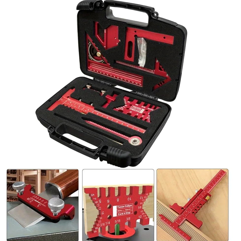 Kit di strumenti di misurazione, set di strumenti di misurazione per la lavorazione del legno con scatola di stoccaggio, righello per carpentiere, calibro per officina fai-da-te professionale (9 pezzi
