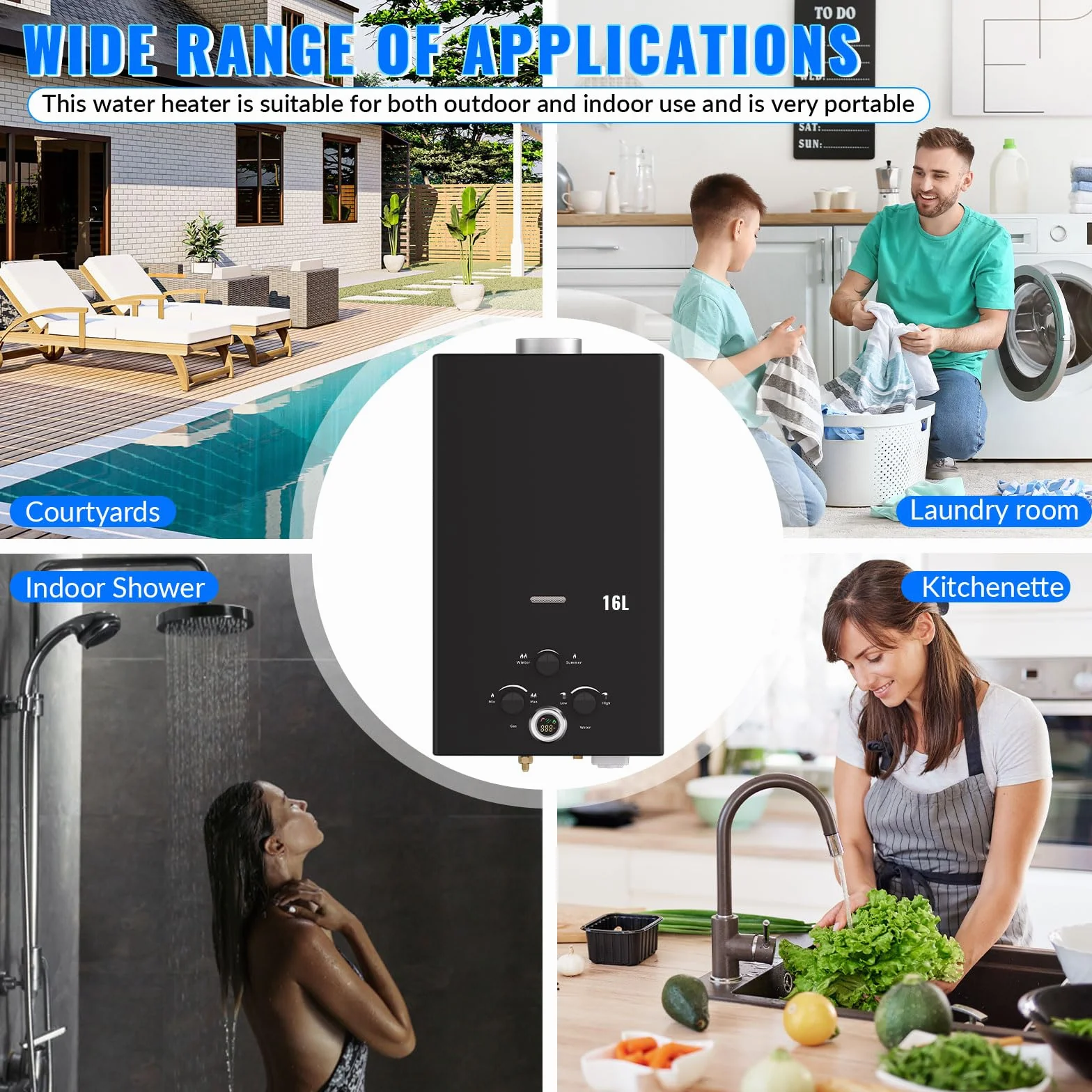Scaldabagno a Gas 16L, All'aperto Portatile Scaldabagno Istantaneo a Propano con Display Digitale Multi-Protezione, Parete senza Serbatoio Scaldacqua Istantaneo Automatico, classe energetica A+
