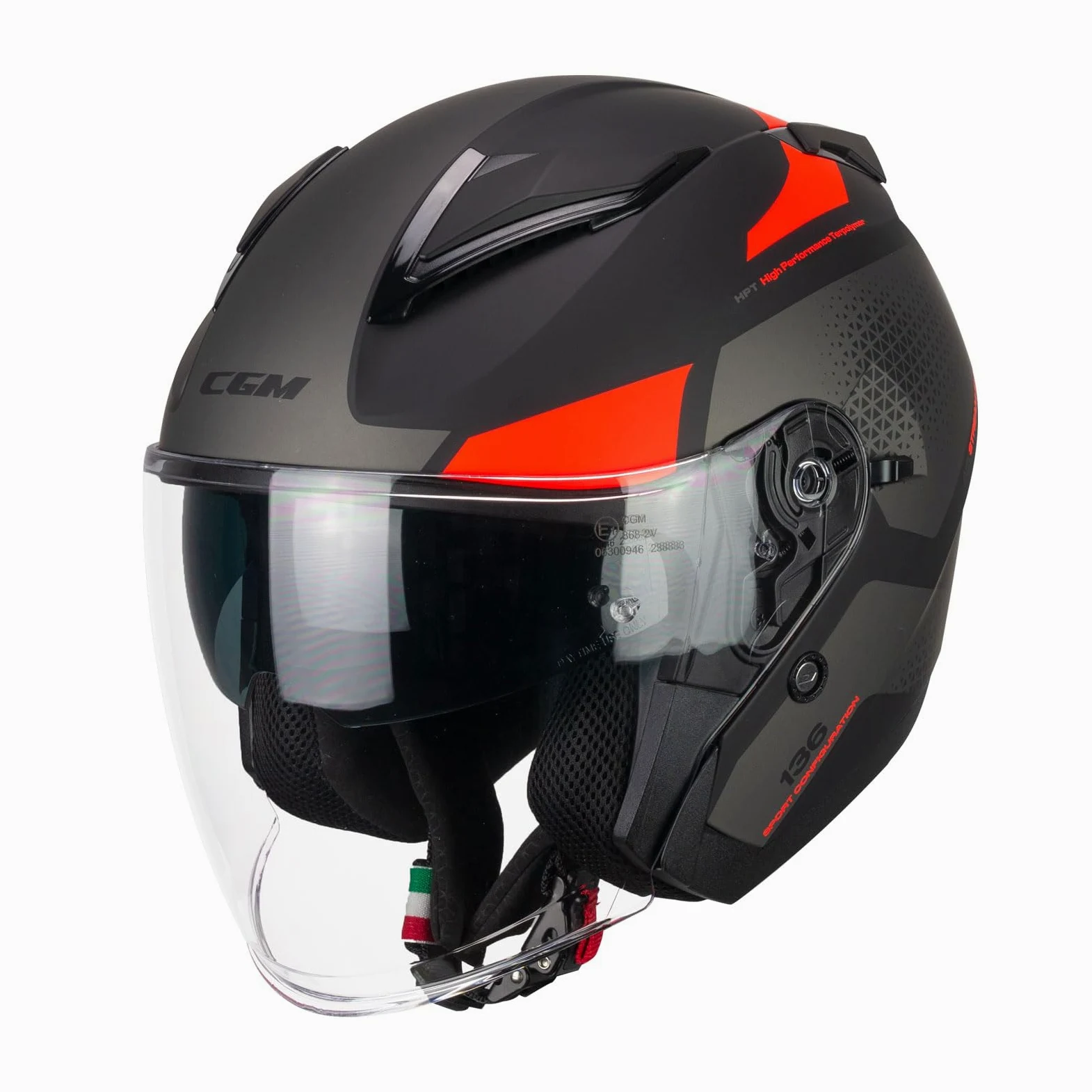 CGM Casco open face, 136G DNA GALAXY Nero Arancione fluo opaco, L (59cm)