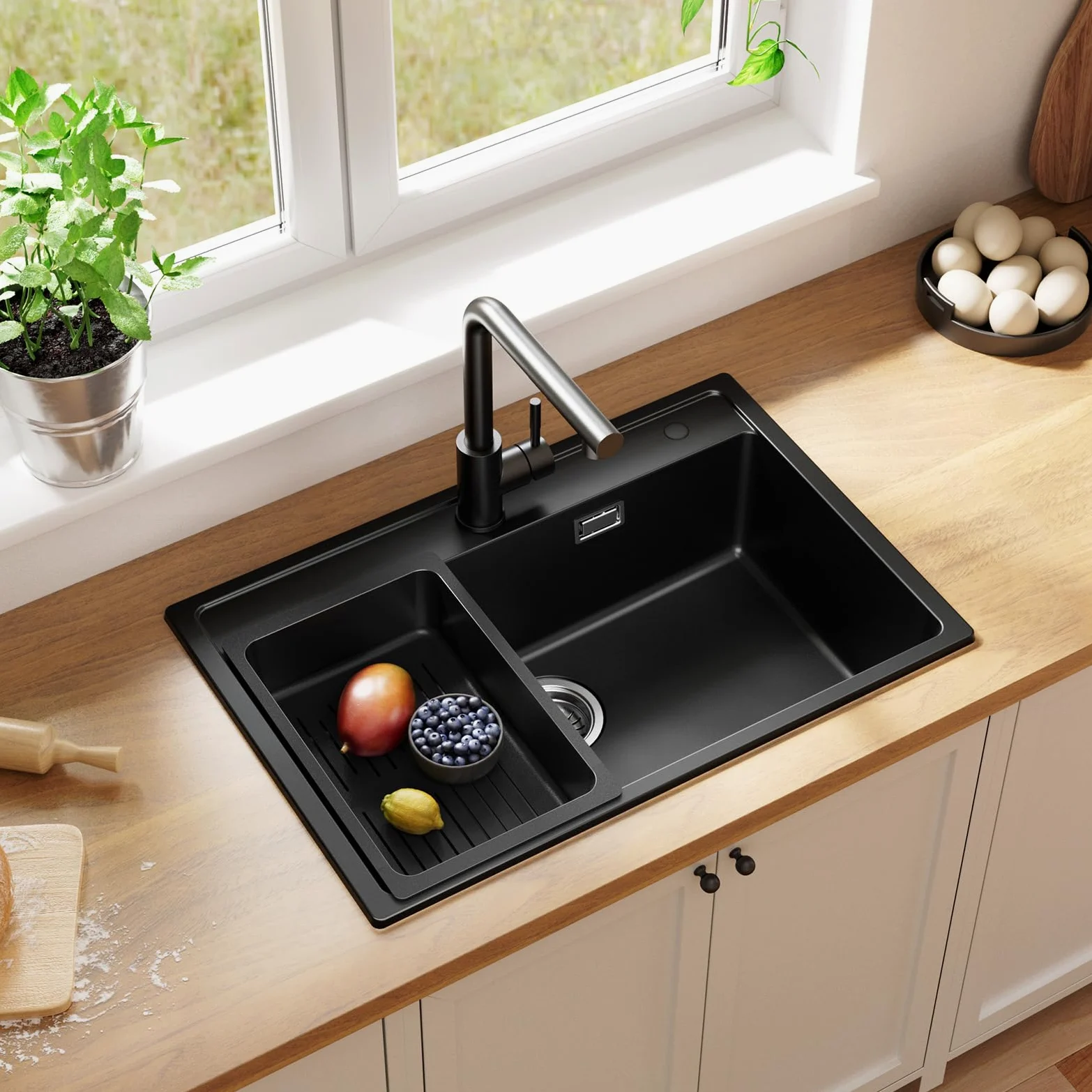 ANYCEE Lavello Cucina Nero 70x46 cm, Lavandino Cucina 1 Vasca con Cestello di Scarico, Lavello Granito per Mobile da 70 cm, Lavandino Nero di 80% Sabbia Quarzo con Sifone e Scarico