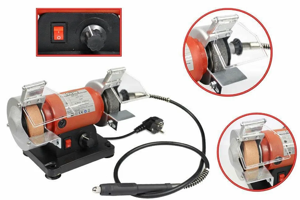 Smerigliatrice da Banco Multifunzione 120W Mini Mola da Banco 75mm Include Mini Trapano Albero Flessibile con Velocità Regolabile