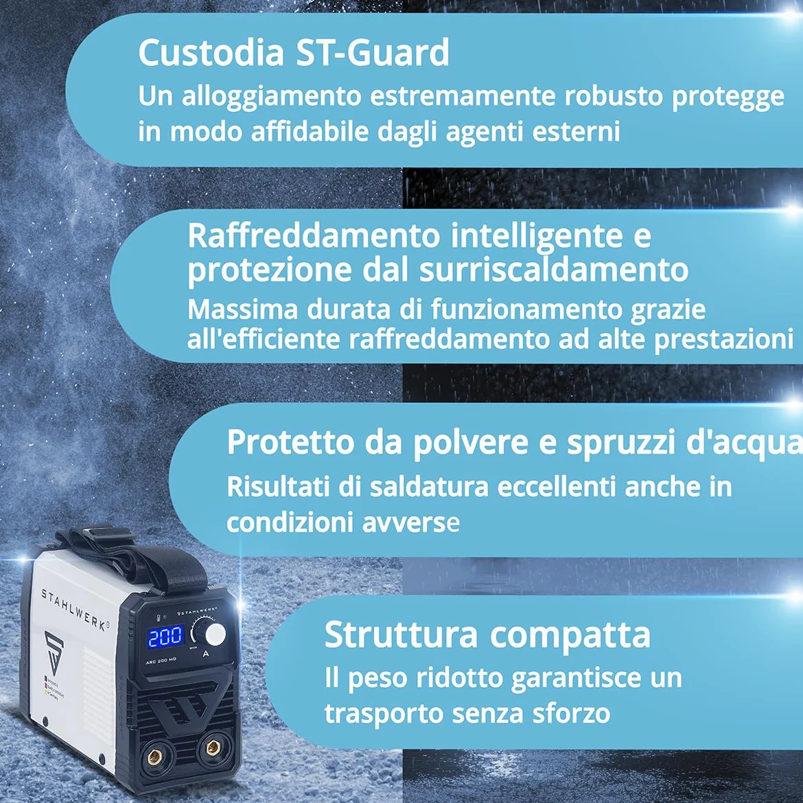 STAHLWERK Saldatrice ad elettrodo ARC 200 MD – MMA & Lift-TIG (DC) fino a 200 A, uso flessibile senza gas, compatta & leggera 3,4 kg, Smart Cooling, Hotstart automatico