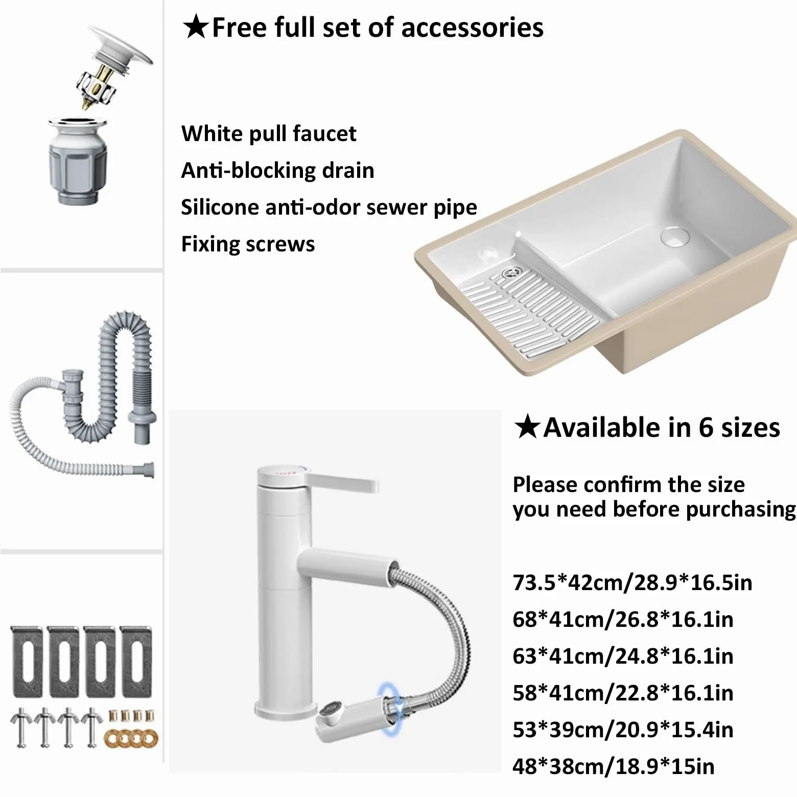 Lavandino rettangolare in ceramica bianca da bagno sottopiano,lavabo lavanderia da esterno,lavatoio ceramica,Con rubinetto bianco, adatto per lavanderia, balcone, bagno, cortile ( Size : 68*41.5 )