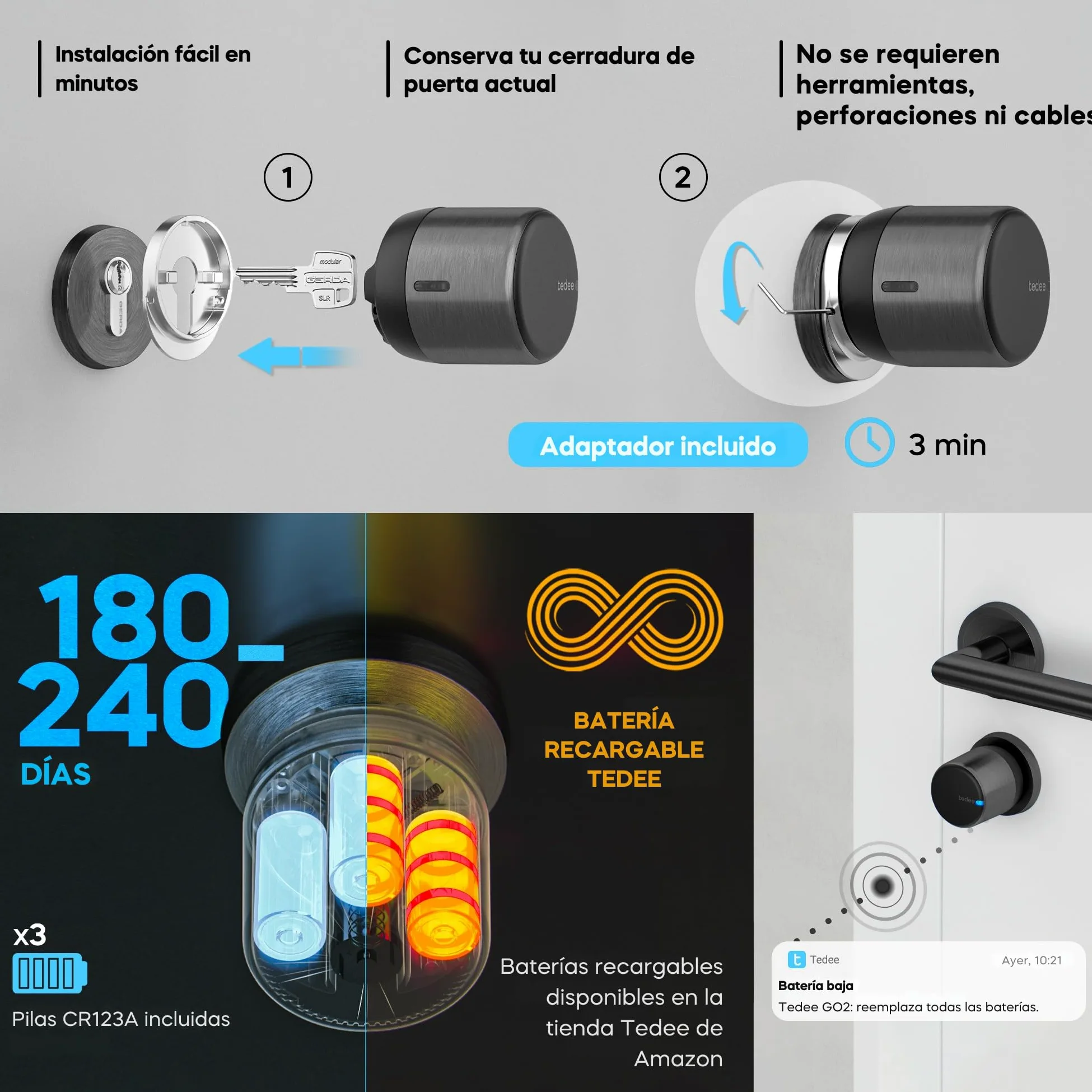 tedee GO2 Alu Serratura Smart WiFi con Cilindro EXXO Smart Classe 6 Antieffrazione e Accesso Remoto | Sblocco Automatico | Compatibile con Matter, Alexa, Google Home, Apple HomeKit, SmartThings