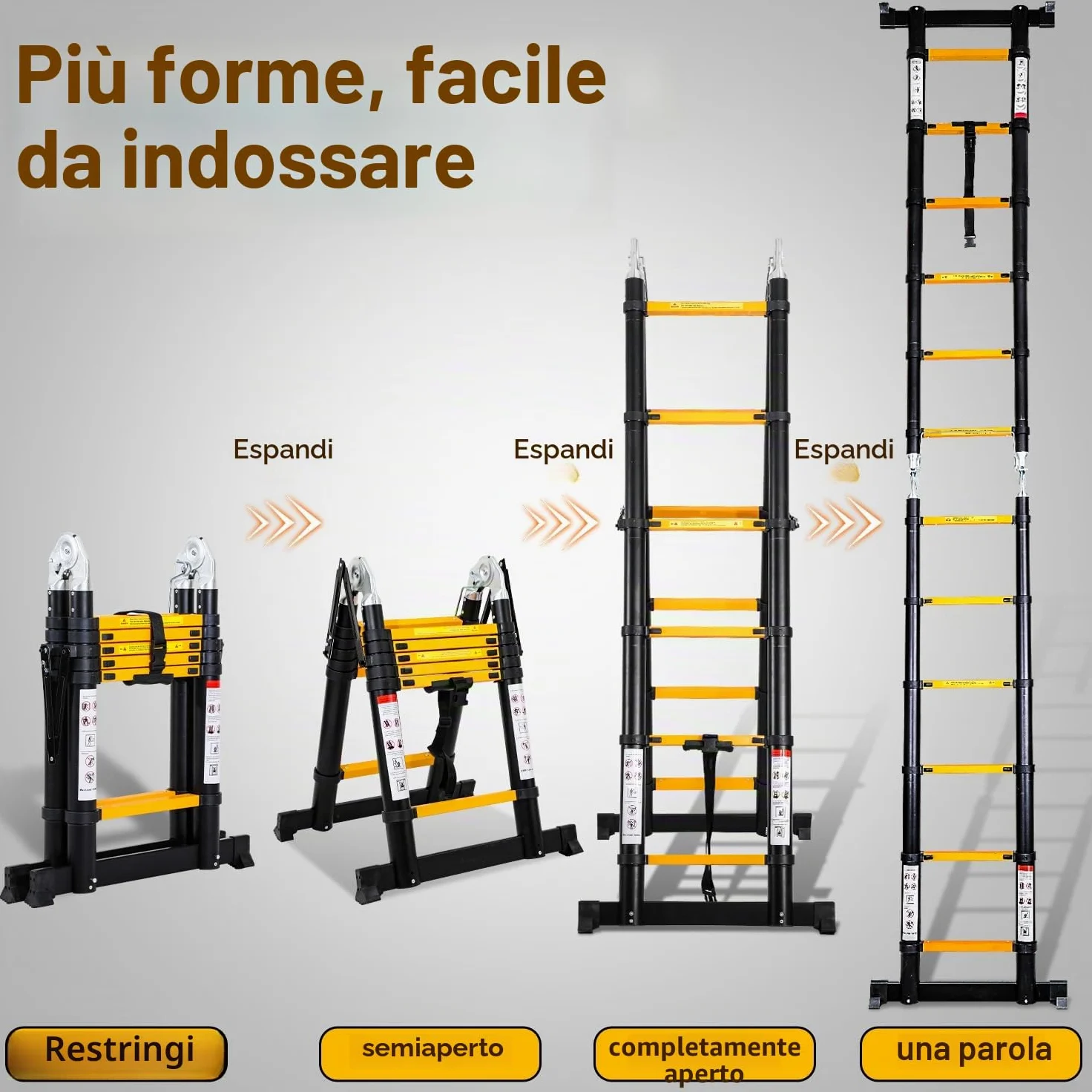 Eulenke Scala telescopica in alluminio 5 m / 2,5m + 2,5m, scala pieghevole con bilanciere e ruote, scala retrattile portata 150 kg, scala pieghevole salvaspazio, antiscivolo, nero e giallo