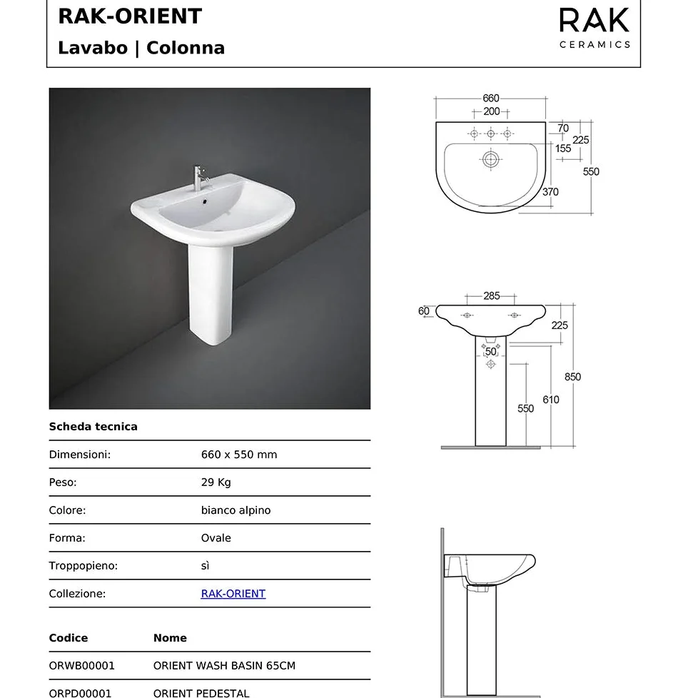 Inbagno Lavabo con Colonna Ceramica RAK Ceramiche Serie Orient Completa di Colonna