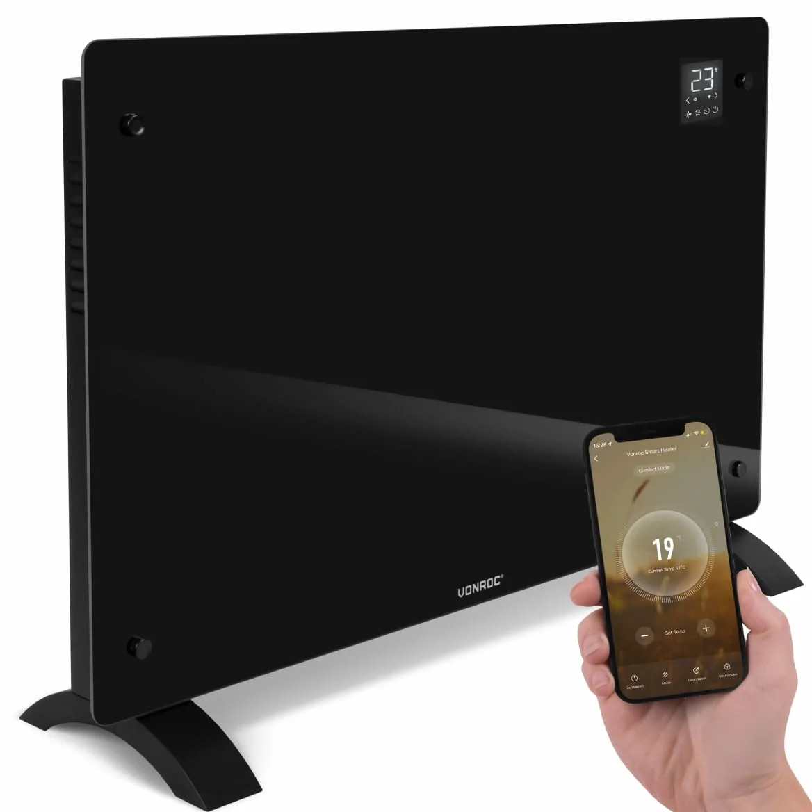 VONROC Riscaldatore elettrico di lusso | Termoconvettore smart a pannello in vetro - 2000W - | Controllo manuale e Wifi Nero