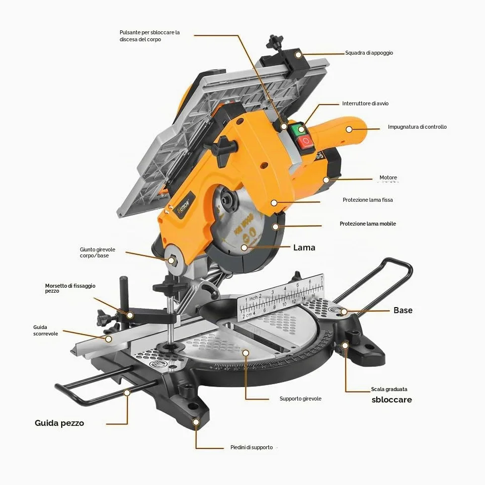 Hoteche Sega da tavolo multifunzione da 210 mm, 1200 W, 4500 giri/min, motore in rame, sega circolare da tavolo con lama per sega TCT 210 x 30 mm 24T per tagli precisi 0° 45° con accessori e barre di