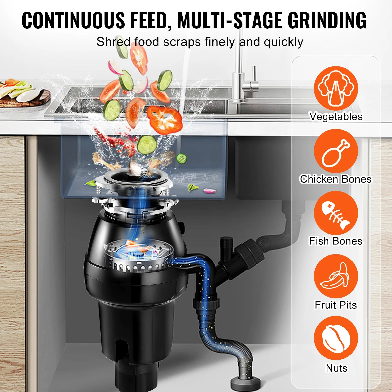 VEVOR Tritarifiuti per Lavello da Cucina, 0,37 kW, Sistema di Smaltimento Rifiuti Alimentari in Acciaio Inox, Montaggio 3 Bulloni, 3820 giri/min, con Cavo di Alimentazione, Paraspruzzi per la Casa