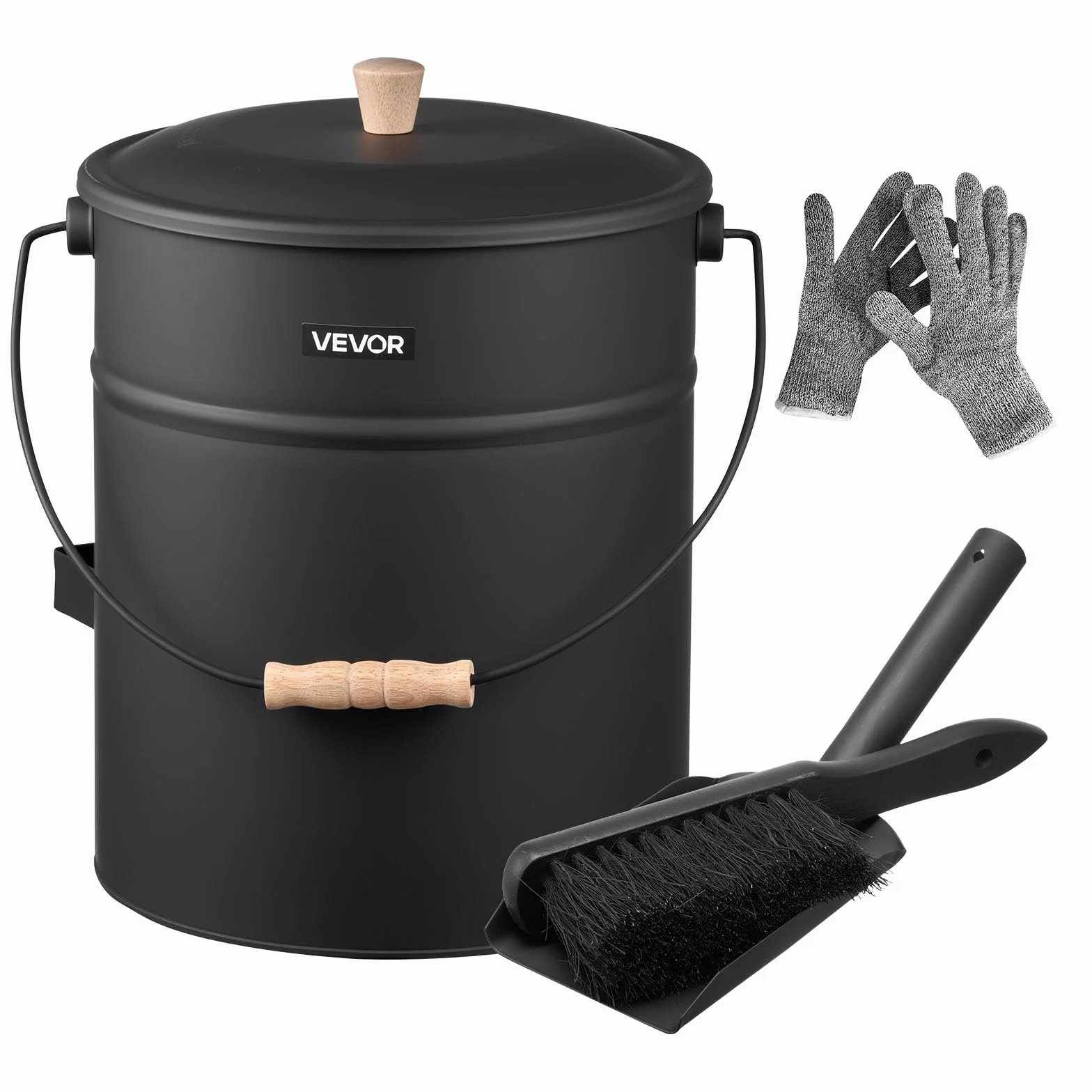 VEVOR Secchio per Cenere per Camino, 4 Pezzi con Coperchio, Pala, Scopa e Guanti, Secchio per Carbone e Contenitore per Cenere in Metallo per Caminetti, Capacità 15 L per Caminetti, Bracieri