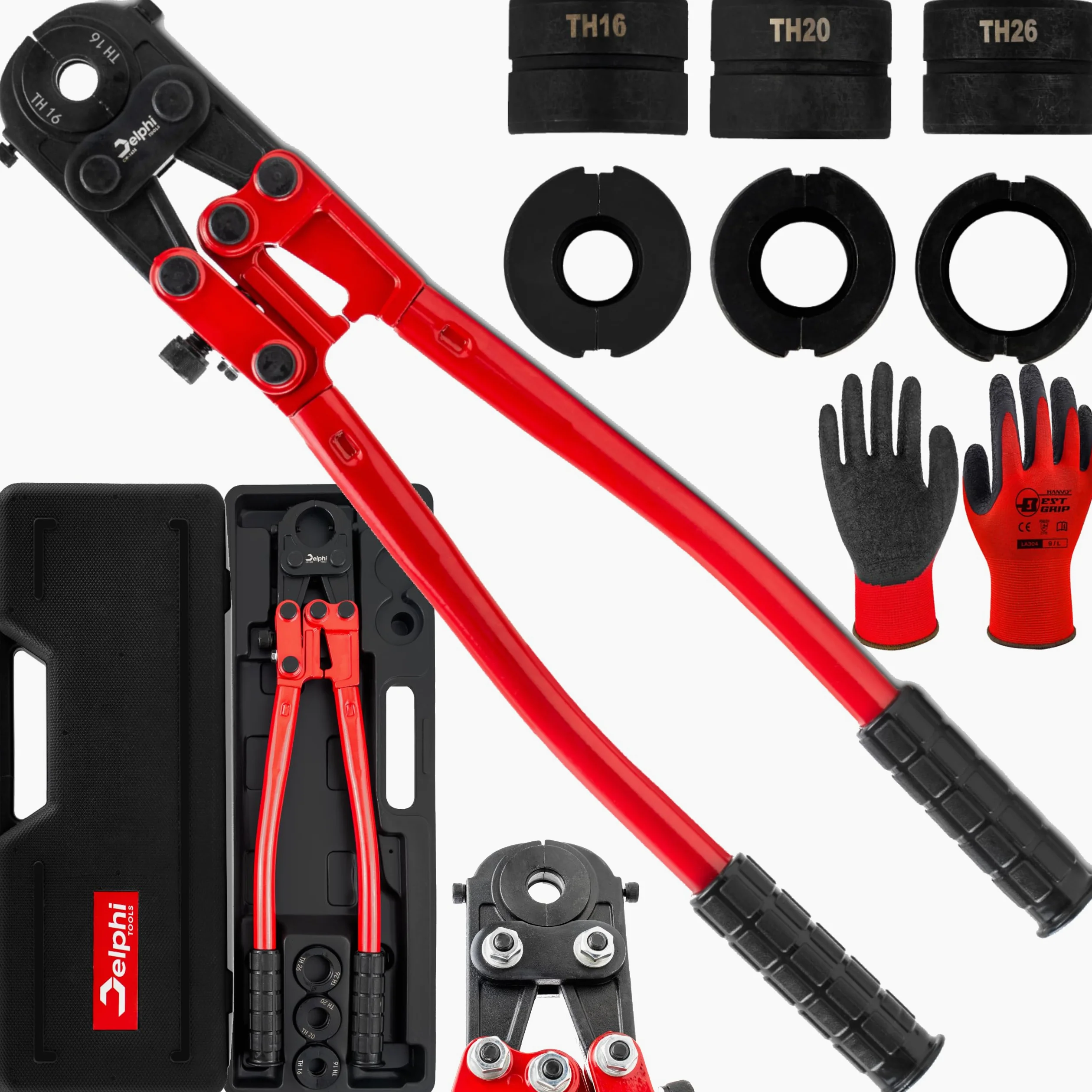 DELPHI Set di pinze idrauliche per tubi TH Ø 6-26 mm, pinza crimpatrice a 360°, con regolazione della pressione, pinza per tubi a pressione professionale, strumento di base idraulico manuale per tubi