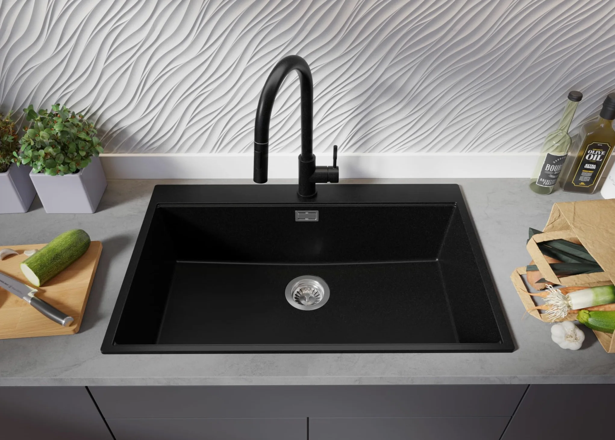 PRIMAGRAN Lavello da Cucina Nero 78x50cm, Lavandino in Granito a 1 vasca + Set di accessori, Lavabo da Cucina Incasso al Mobile 80cm - Oslo Top S557