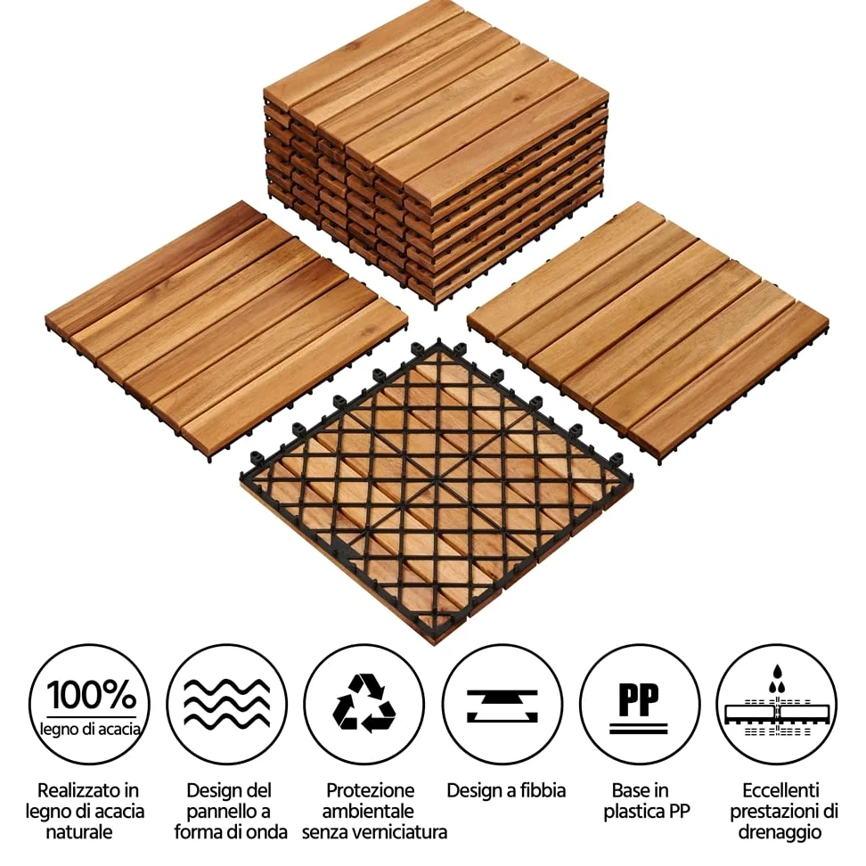 Yaheetech Piastrelle per Esterno 30 X 30 cm per Pavimento da Giardino in Legno di Acacia Impermeabili per Patio Terrazza Balcone Piscina Facili da Posare 27 Pezzi