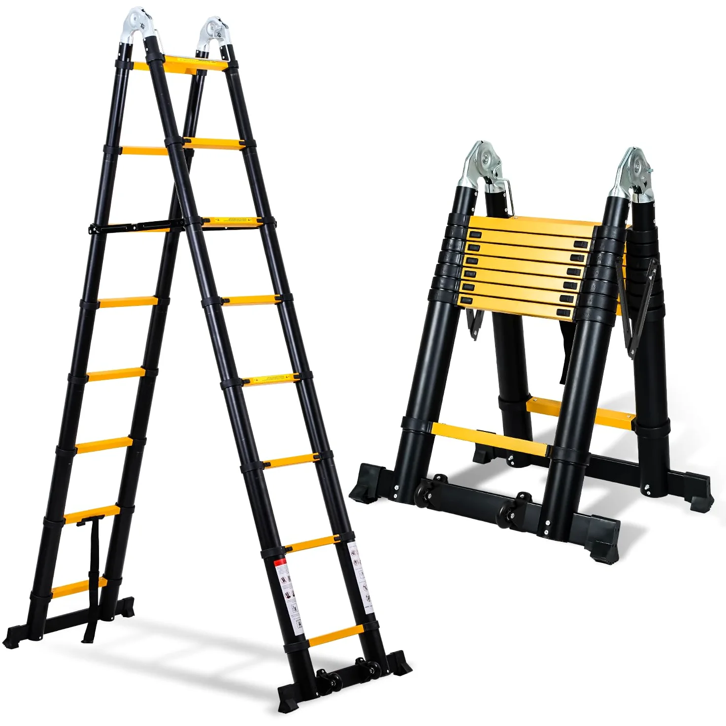 Scala telescopica in alluminio, 5 m, telescopica multifunzione, antiscivolo, pieghevole, portata 150 kg, scala in alluminio per giardino, colore nero/giallo
