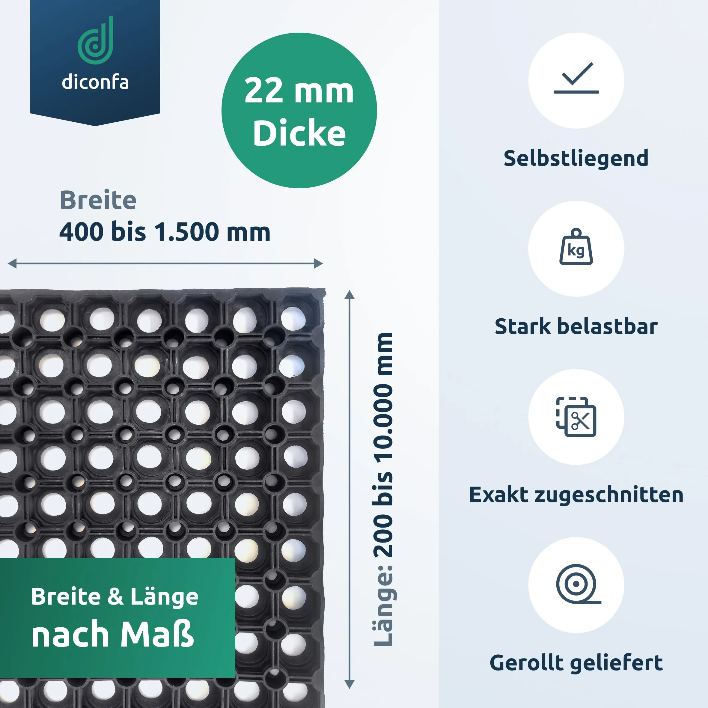diconfa Tappeto ad anello in gomma SU MISURA 22mm - LARGHEZZA: 0,4 m a 1,5 m - LUNGHEZZA: 0,2 m a 10 m ==> 1,5 x 1,4m - motivo forato - tappetino ad anelli - cattura-sporco per interni ed esterni