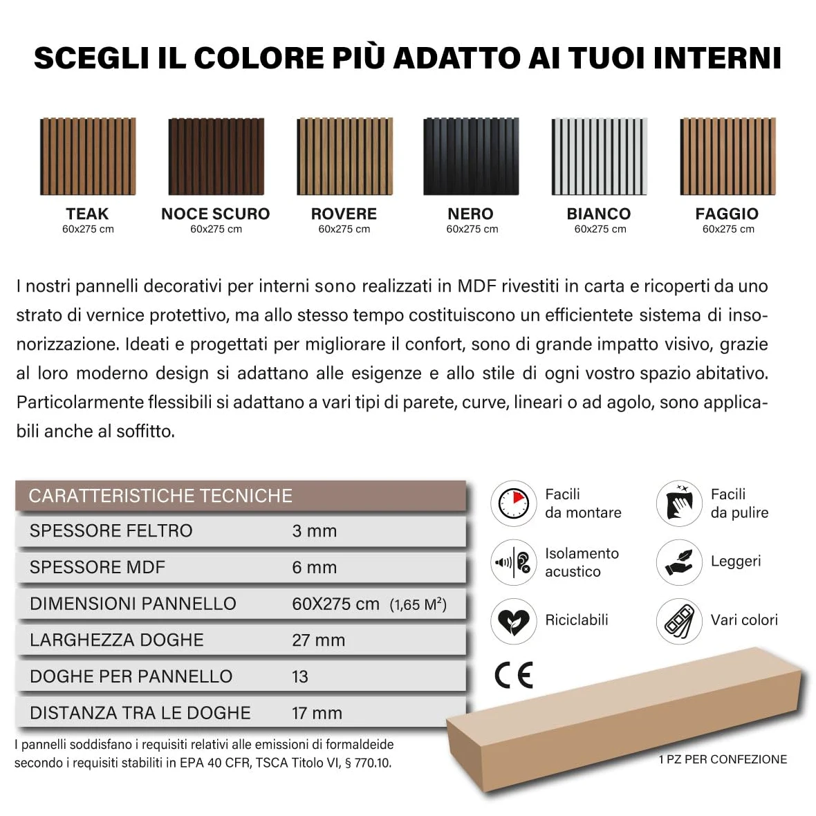 Pannelli Decorativi Acustici per Pareti, Pannelli Murali Design Effetto Legno, Pannelli Fonoassorbenti per Soffitto cm 60 x 275 (1,65 mq) (Faggio)