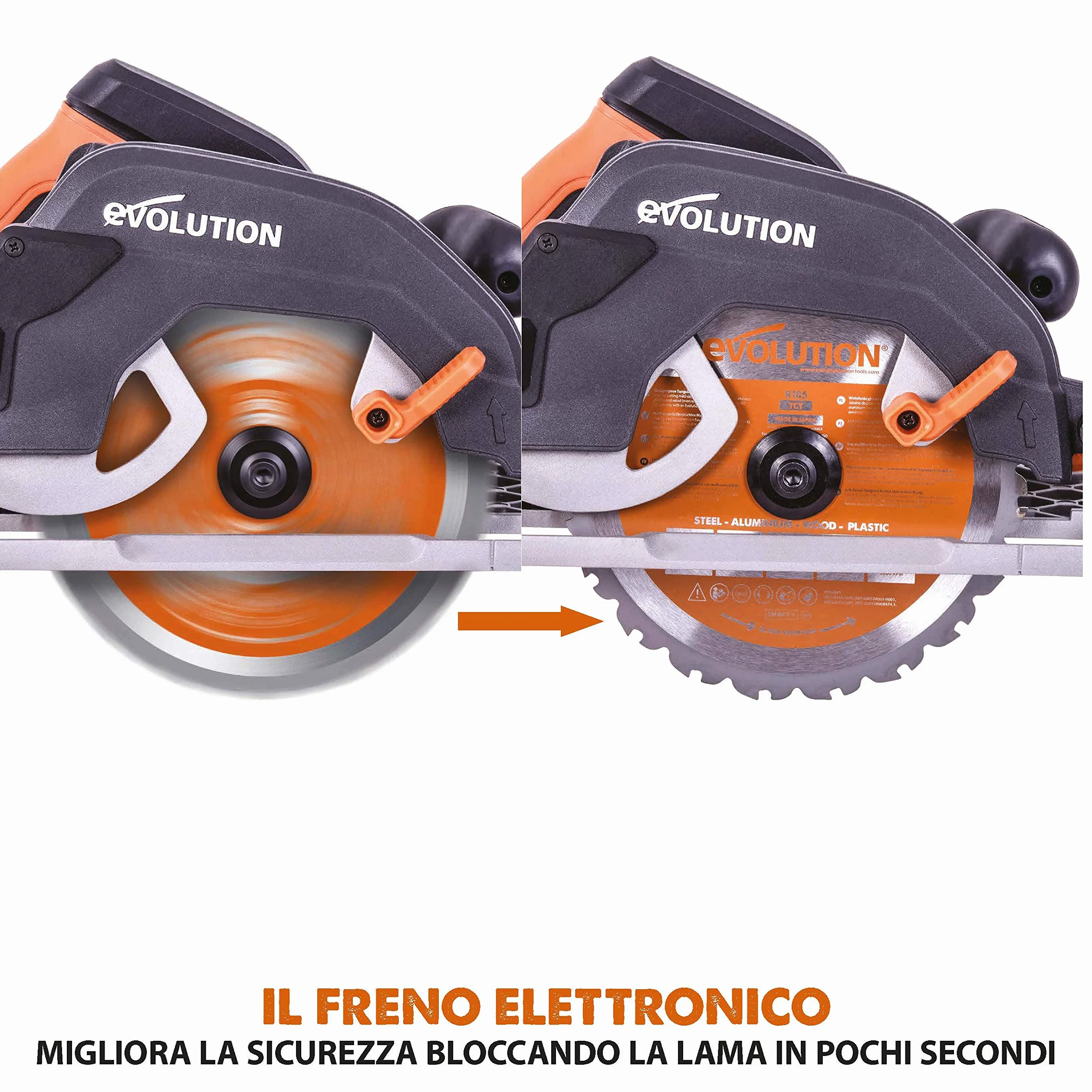 Evolution Power Tools - R185CCSX Sega Circolare Multi-Materiale 185 mm Compatibile con Binario Guida (Pacchetto Abbinato con Binario da 1020 mm Incluso), 230 V