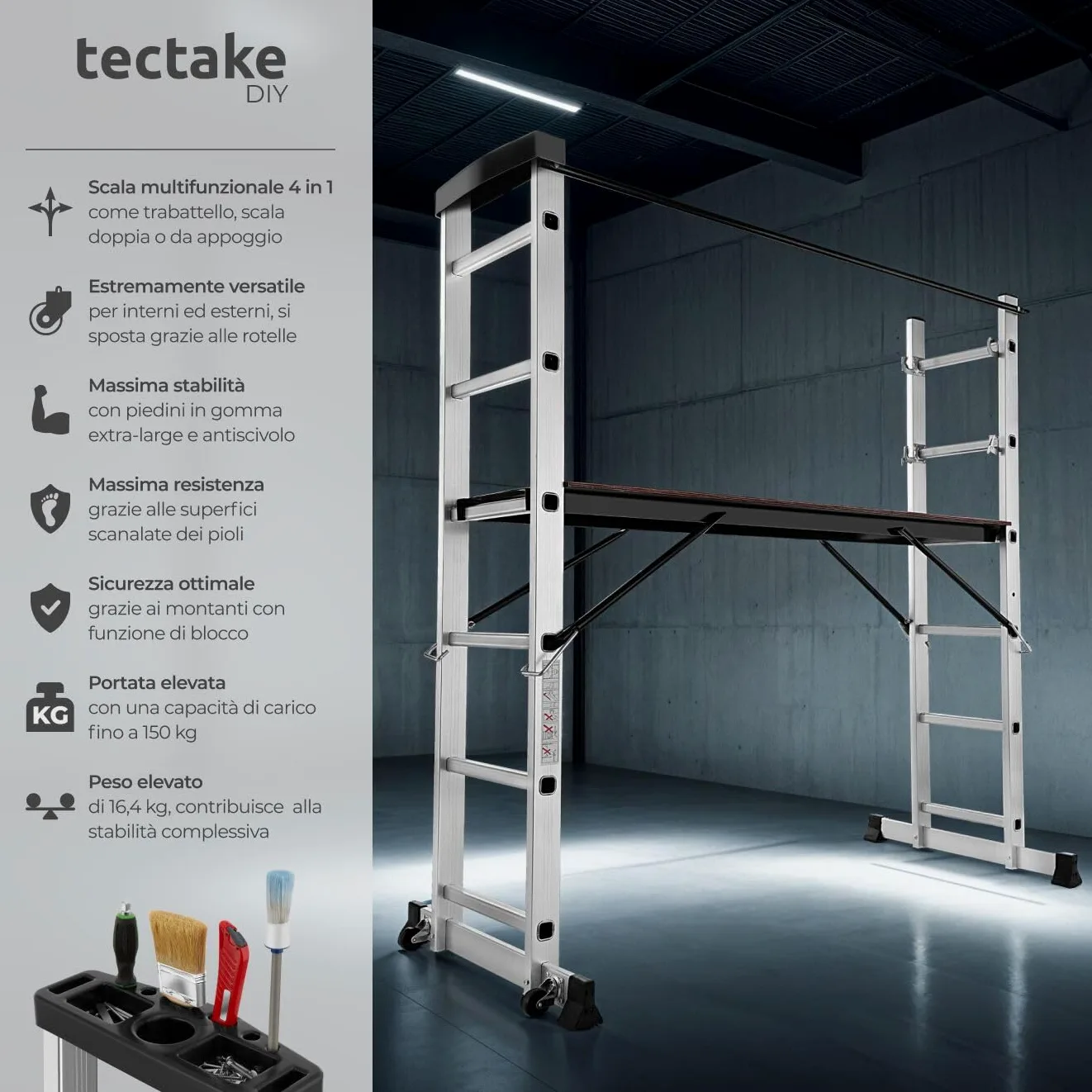 tectake® Scala Alluminio 4 in 1 Multifunzione con Piattaforma da Lavoro, Ponteggio da Lavoro con Ruote, Scala in Alluminio Pieghevole, Trabattello da Lavoro