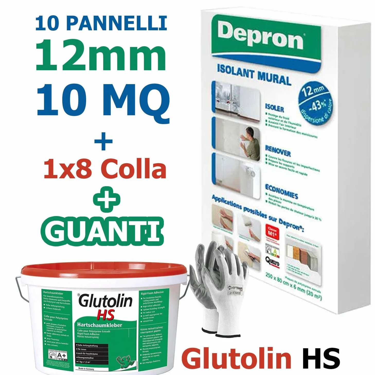 DEPRON Pannelli Isolanti 12 mm (125×80 cm) – Confezione 10 m² + Colla Glutolin 8 kg | Isolamento Termico e Acustico per Pareti e Soffitti | 1 paio di guanti in nitrile HYTAMA TOOLS