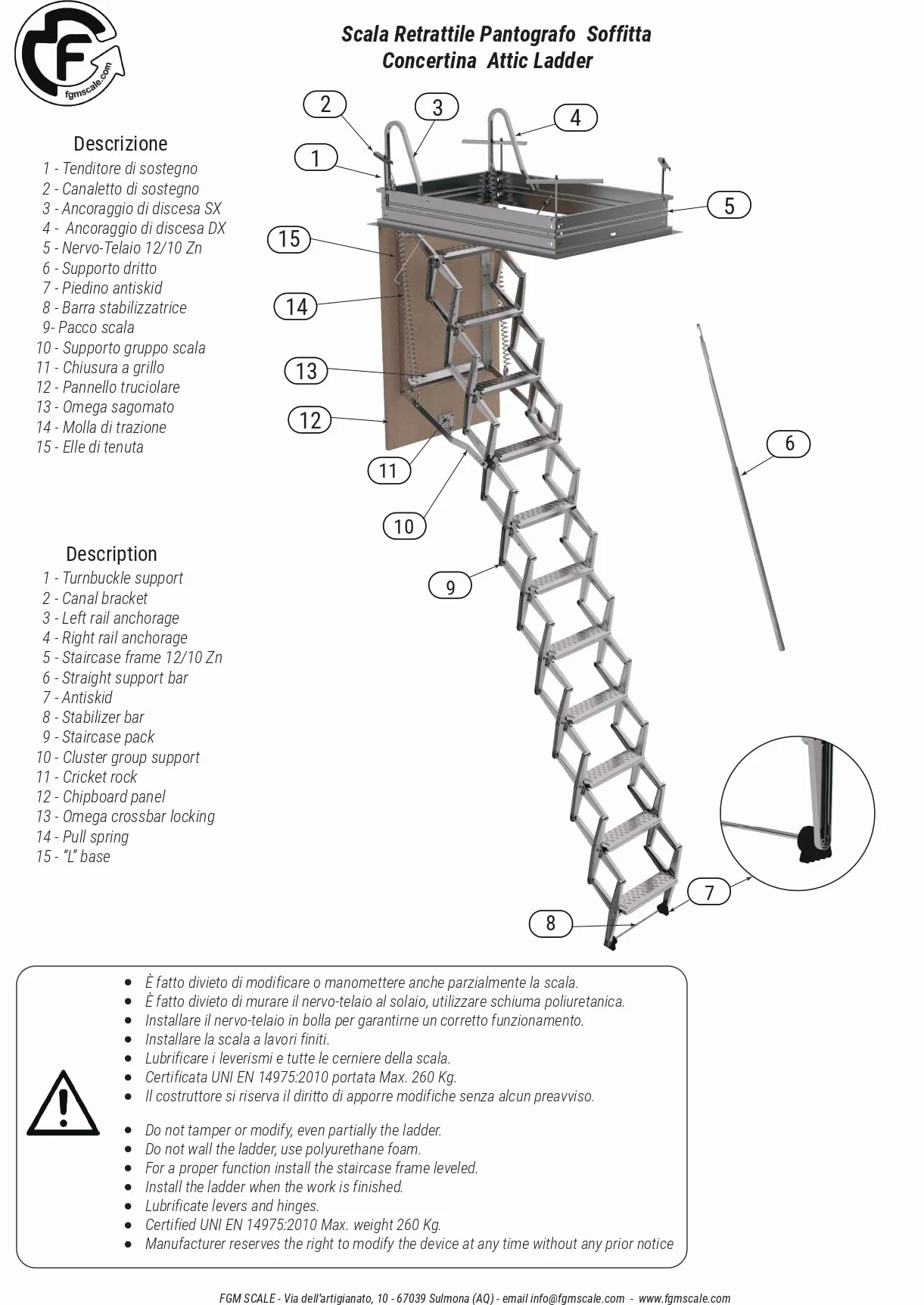 Scala Retrattile Manuale Pantografo Soffitta | Discesa Gradino Lato 50 | Misura 50x80 H=276-300 cm