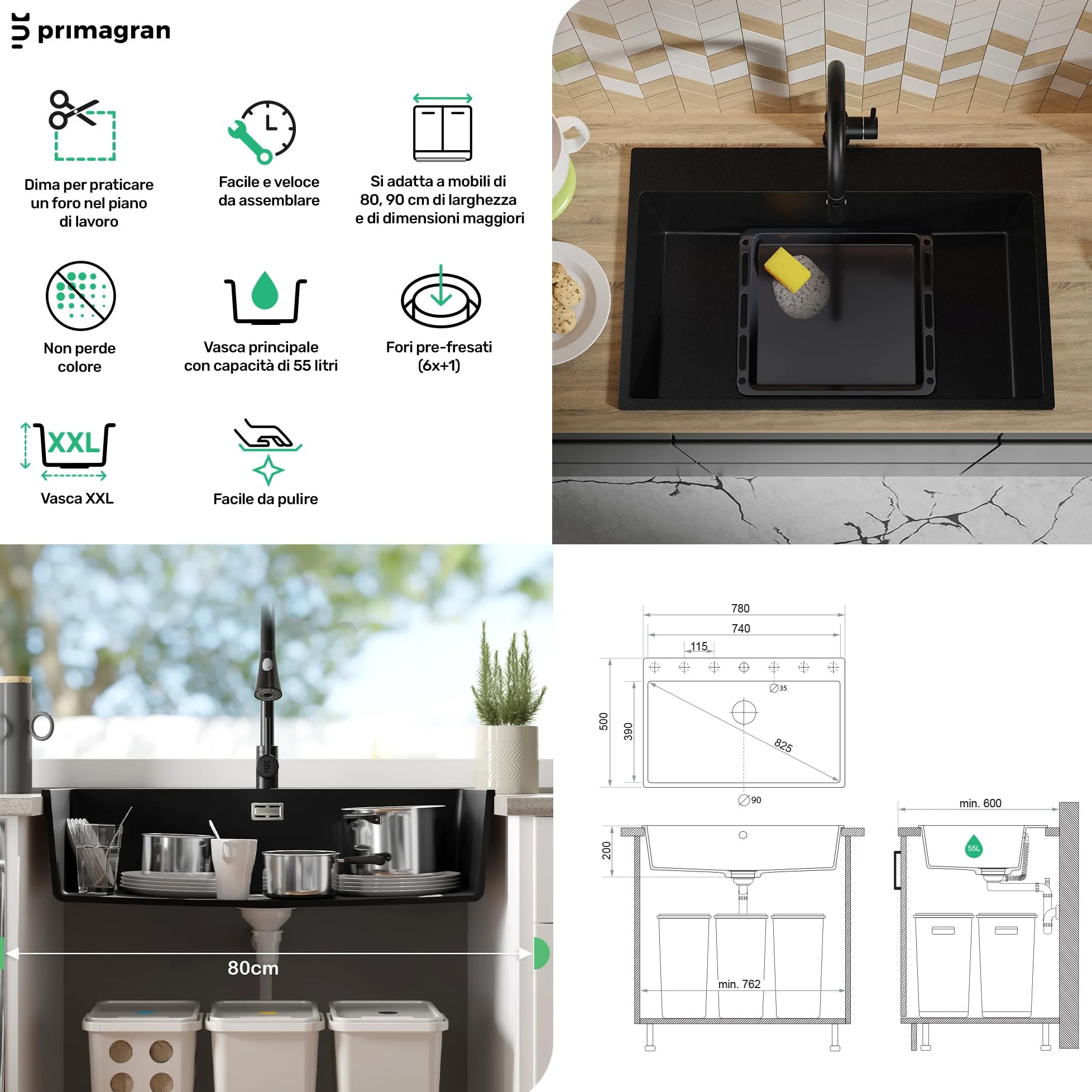 PRIMAGRAN Lavandino da Cucina Tutto Nero 78x50cm, Lavello in Granito a 1 vasca + Rubinetto 40x20cm + Set di accessori, Lavabo da Cucina Incasso al Mobile 80cm - Riga S483