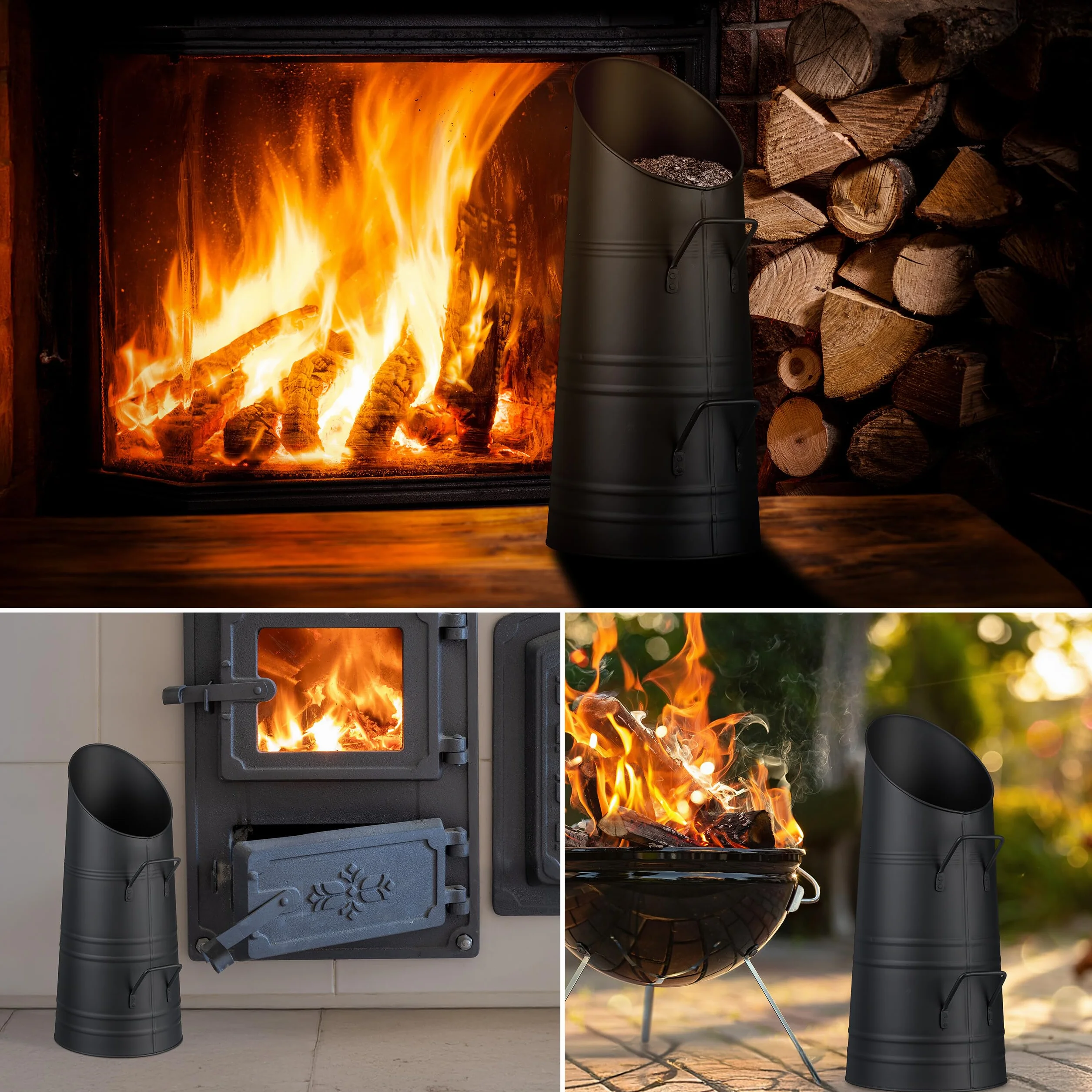 Relaxdays Contenitore Porta Carbone da Camino, Secchio per Pellet Caminetto, Secchiello Portacenere da 9 L, Ferro, Nero