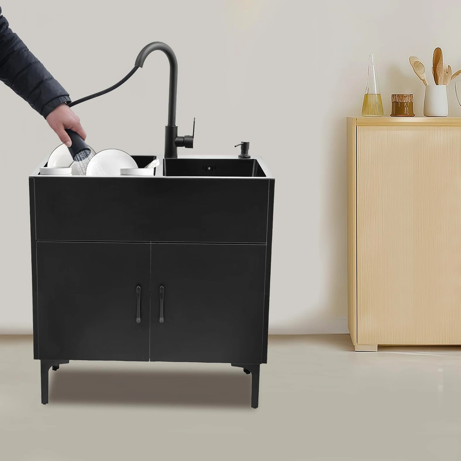 Lavello da cucina autoportante in acciaio inox con 2 vasche da 75 x 41 cm, lavello nero con rubinetto estraibile e mobiletto inferiore, per cucina domestica, giardino, esterni, lavanderia
