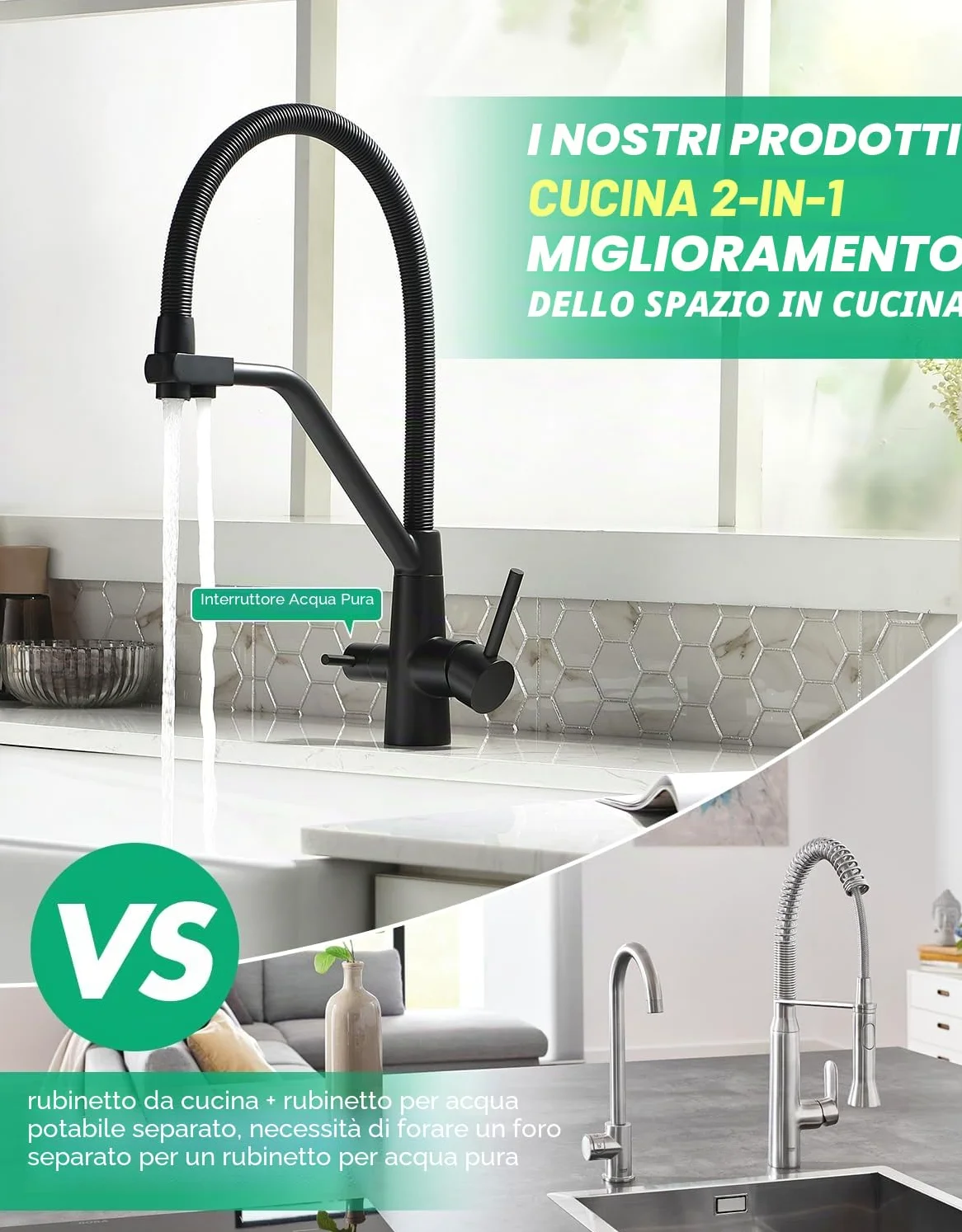 TIMACO - Rubinetto da cucina nero a 3 vie, girevole a 360°, con rubinetto 3 in 1 per filtro dell'acqua, con molla a spirale, con doppia leva, ad alta pressione