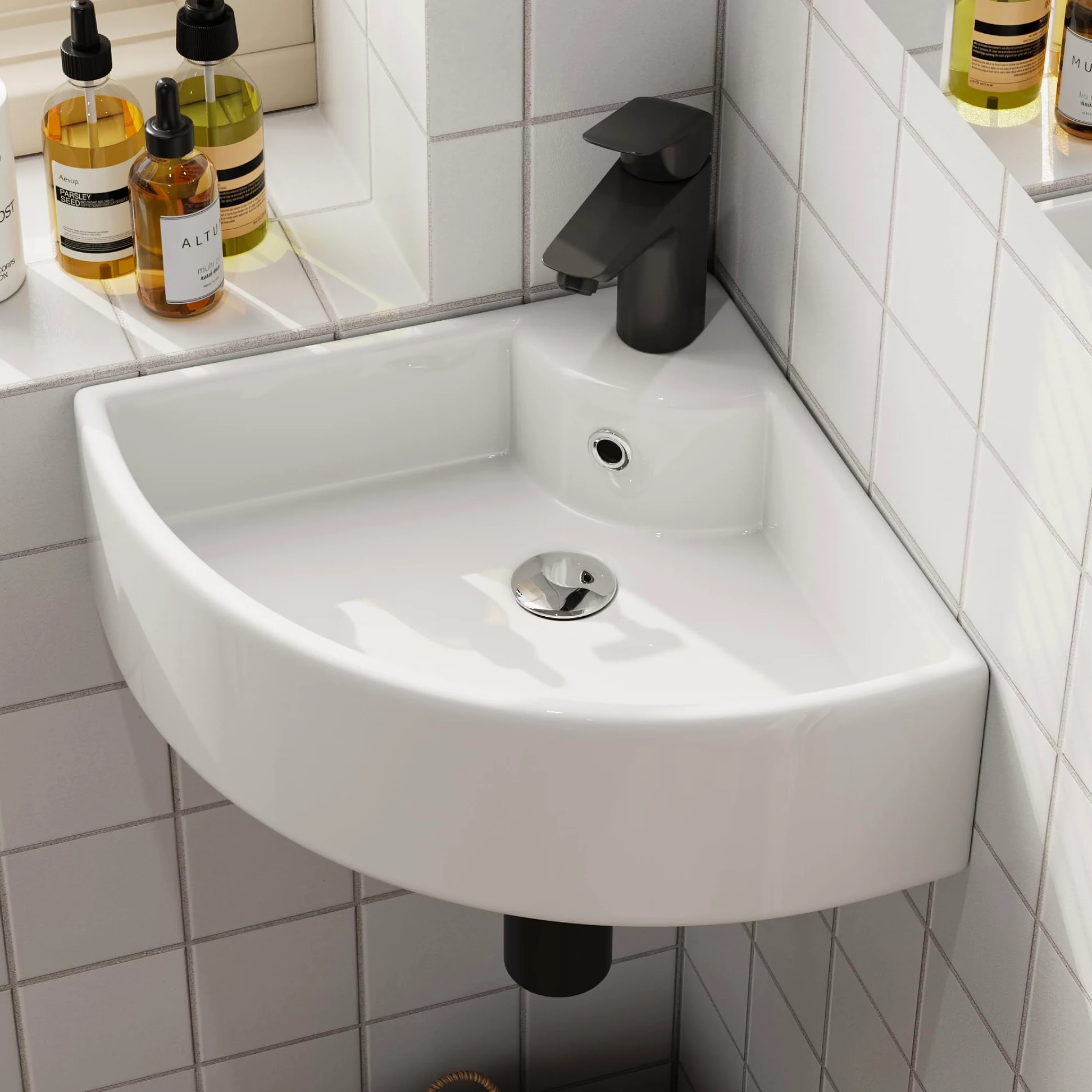 HOROW Lavabo Piccolo Angolare in Ceramica, Montaggio a Parete, 46 x 31 cm, Ideale per Bagni Piccoli e Ospiti WC