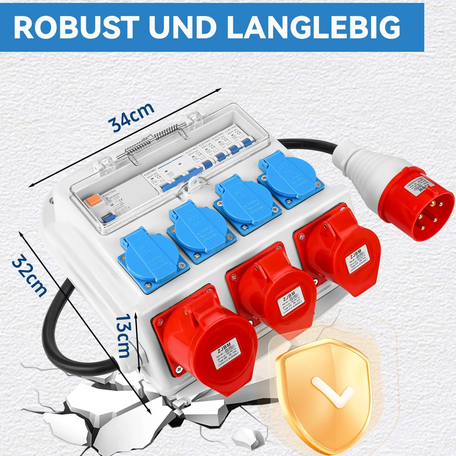 Distributore di corrente da parete, completamente cablato con 4 x 230 V Schuko, CEE 16 A e 32 A, interruttore FI, interruttore LS, alloggiamento impermeabile IP67, per esterni e officine