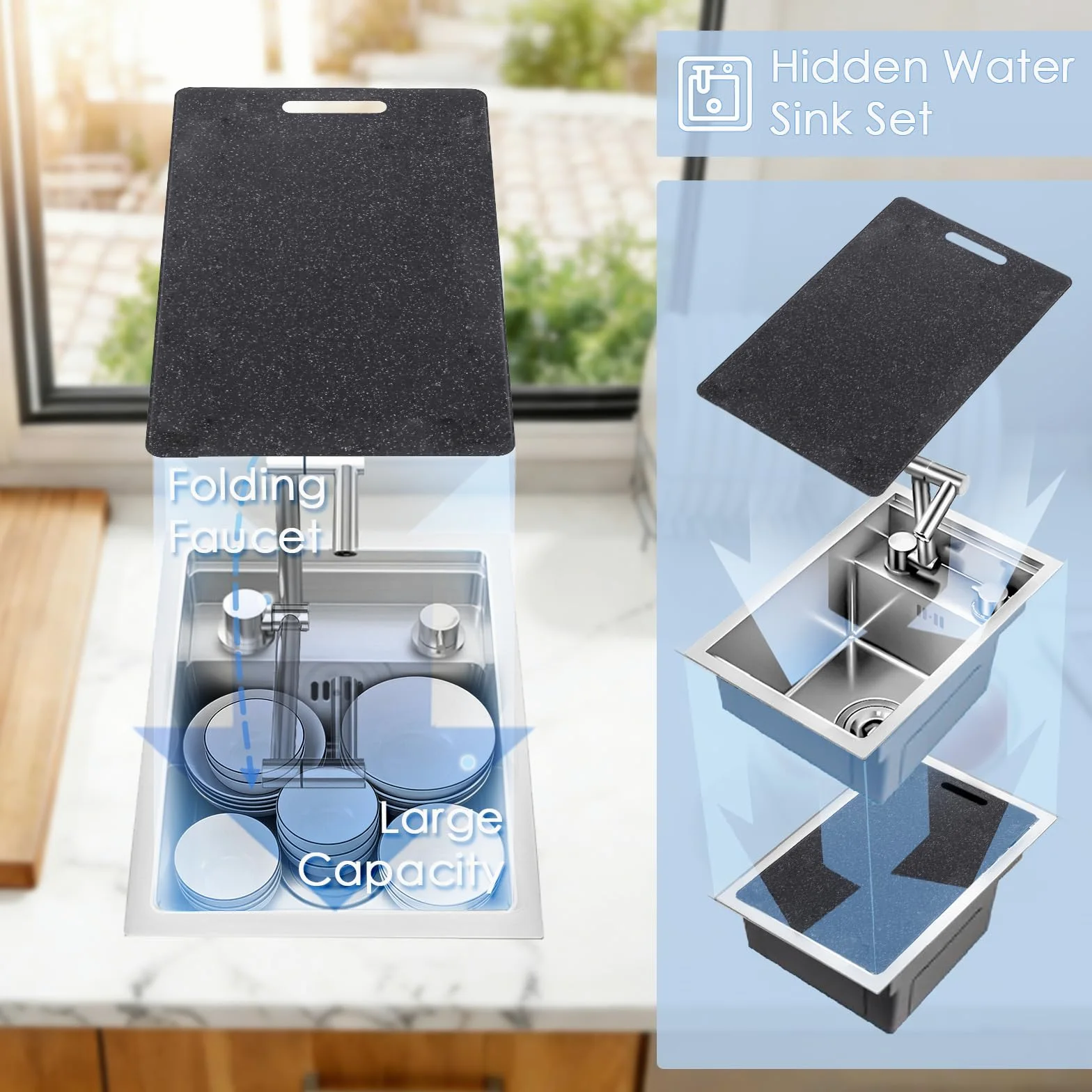 Lavello da Cucina/Bar a Scomparsa, 30 x 45 cm con Rubinetto Pieghevole, Lavello Sottotop Nascosto in Acciaio Inox con Tagliere, Postazione di Lavoro a Vasca Singola per Piccole Cucine e RV, Argento