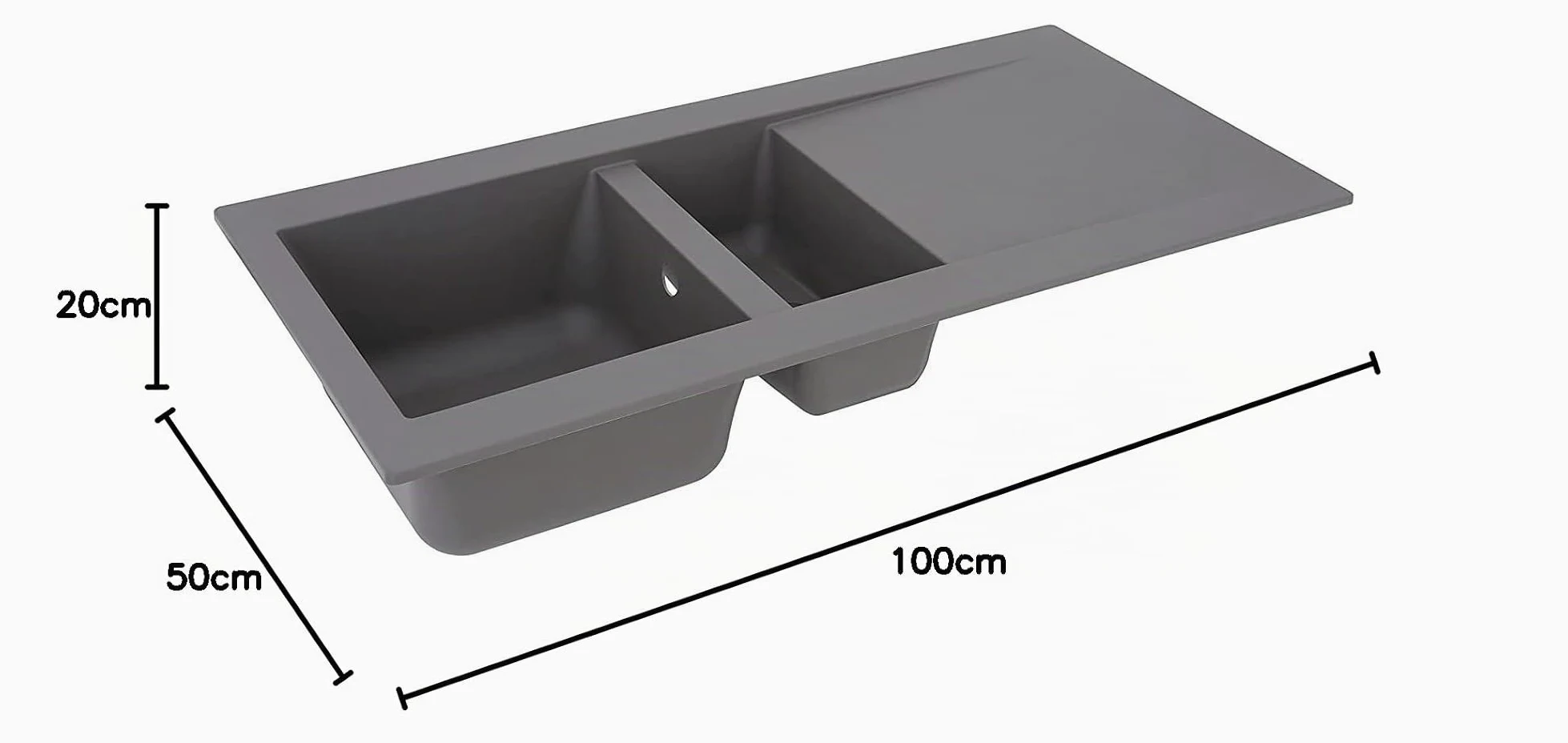 Respekta Lavello da Cucina Denver in Mineralite Color Grigio Cemento, Lavello da Incasso a 1,5 vasche, dimensioni 100 x 50 cm, Lavello Adatto per Mobili Sottolavello da 60 cm di Larghezza