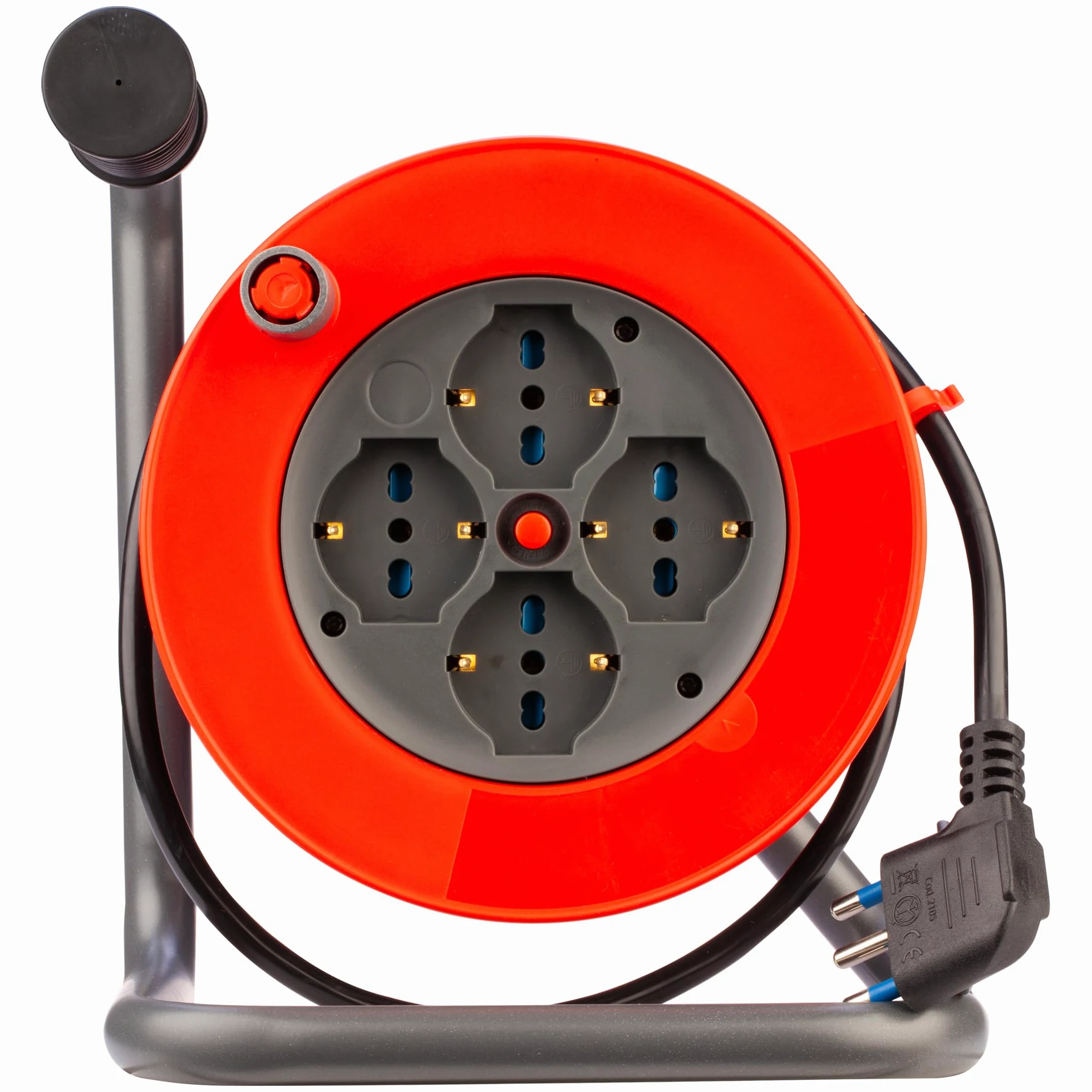 POLY POOL - PP2707 Avvolgicavo Serie Mini 10m Multisize - Spina Piccola 10A - Avvolgicavo con 4 Prese Pluristandard Grandi e Interruttore di Sicurezza