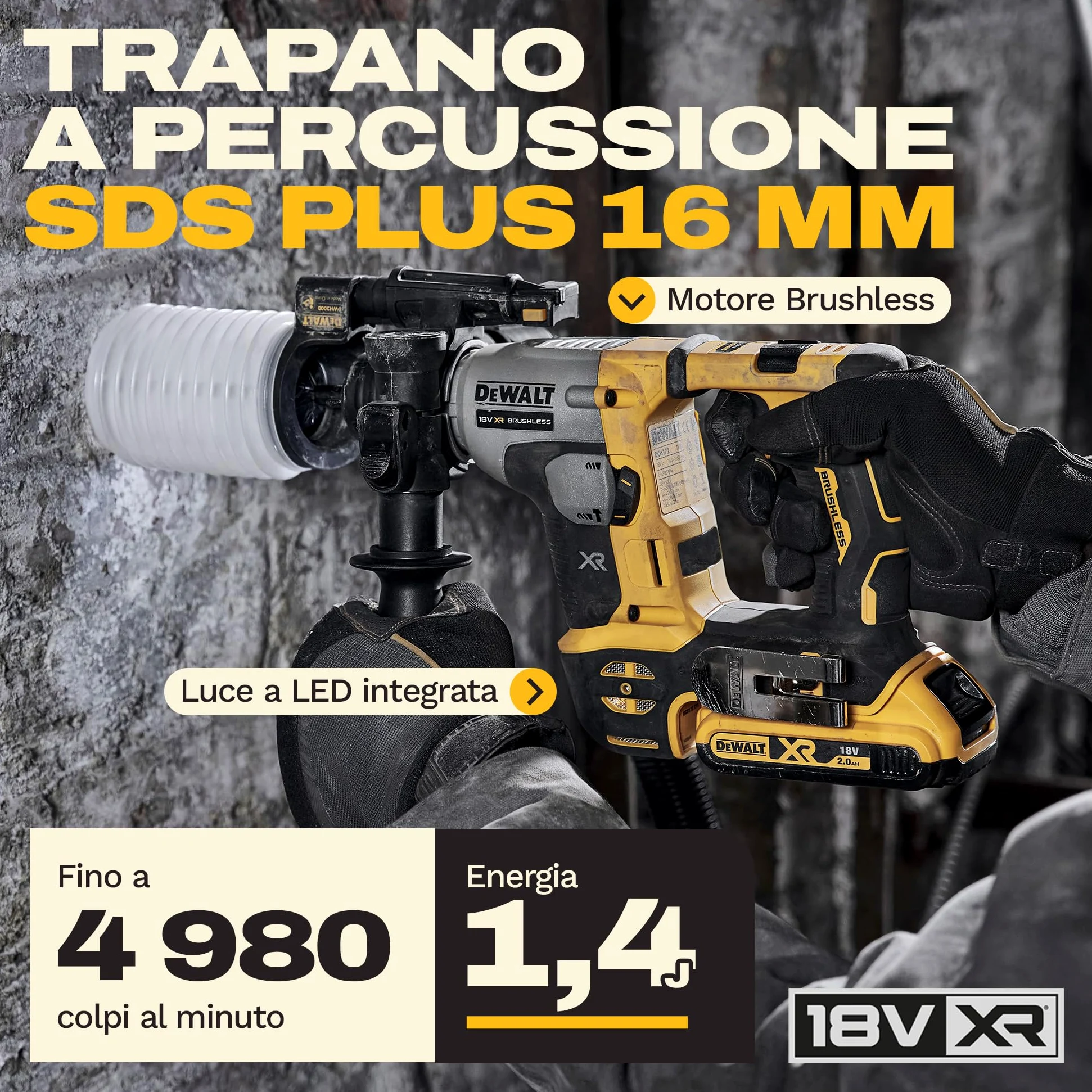 DEWALT Trapano a percussione 18V XR SDS PLUS 16mm, solo utensile, DCH172N-XJ