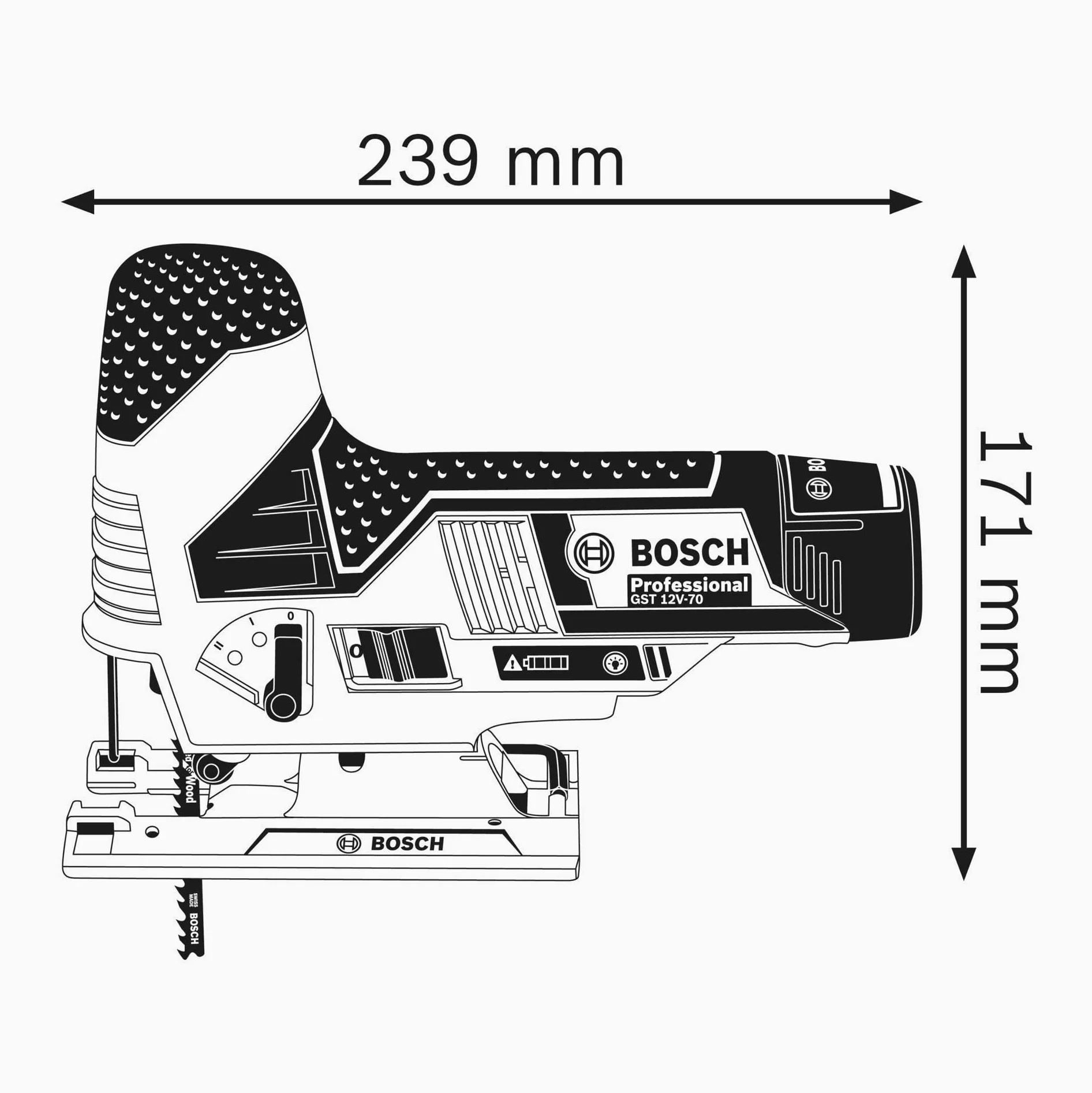 Bosch Professional 0 601 5A1 002 Seghetto Alternativo GST 12V-70, 2 Lame, Pattino, Protezione, Profondità di Taglio in Legno 70 mm, Batterie e Caricabatteria Non Inclusi,Blu