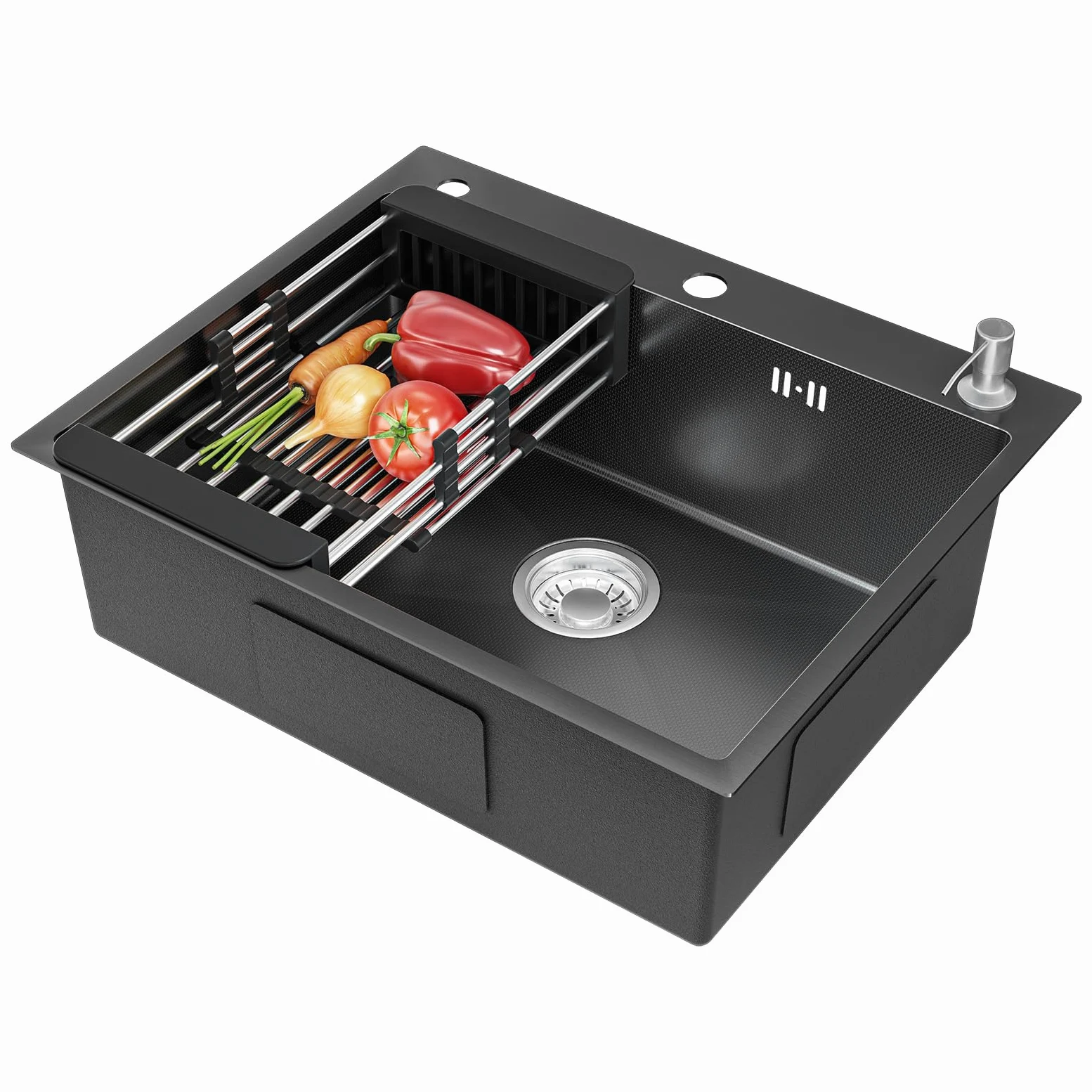 CECIPA 60x49 cm Lavello Nero 1 Vasca in Acciaio Inox, Lavandino Cucina 1 Vasca con Dispenser Sapone e Cestello, Lavello Cucina per Mobile da 60cm, da Incasso o Banco, con Sifone e Scarico