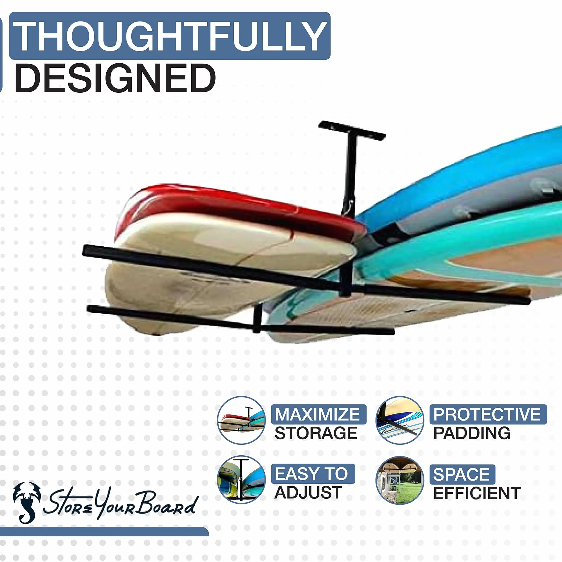 StoreYourBoard Doppio supporto da soffitto per SUP e surf, Hi Port 2, per casa e garage (XL (braccia da 76,2 cm)