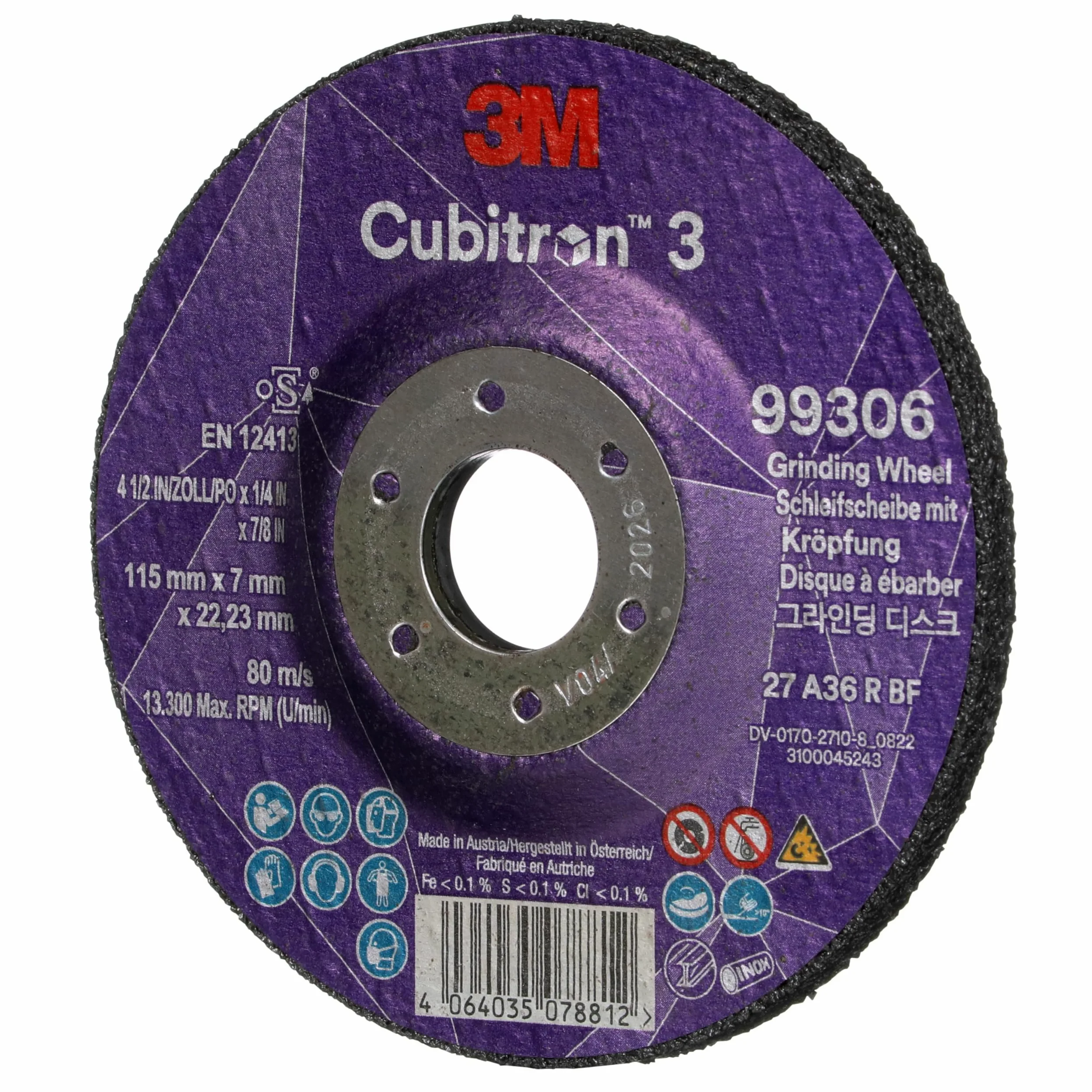Disco da Sbavo a Centro Depresso 3M Cubitron 3, 99306, 36+, T27, 115 mm X 7 mm X 22.23 Mm, En, 10/Pack
