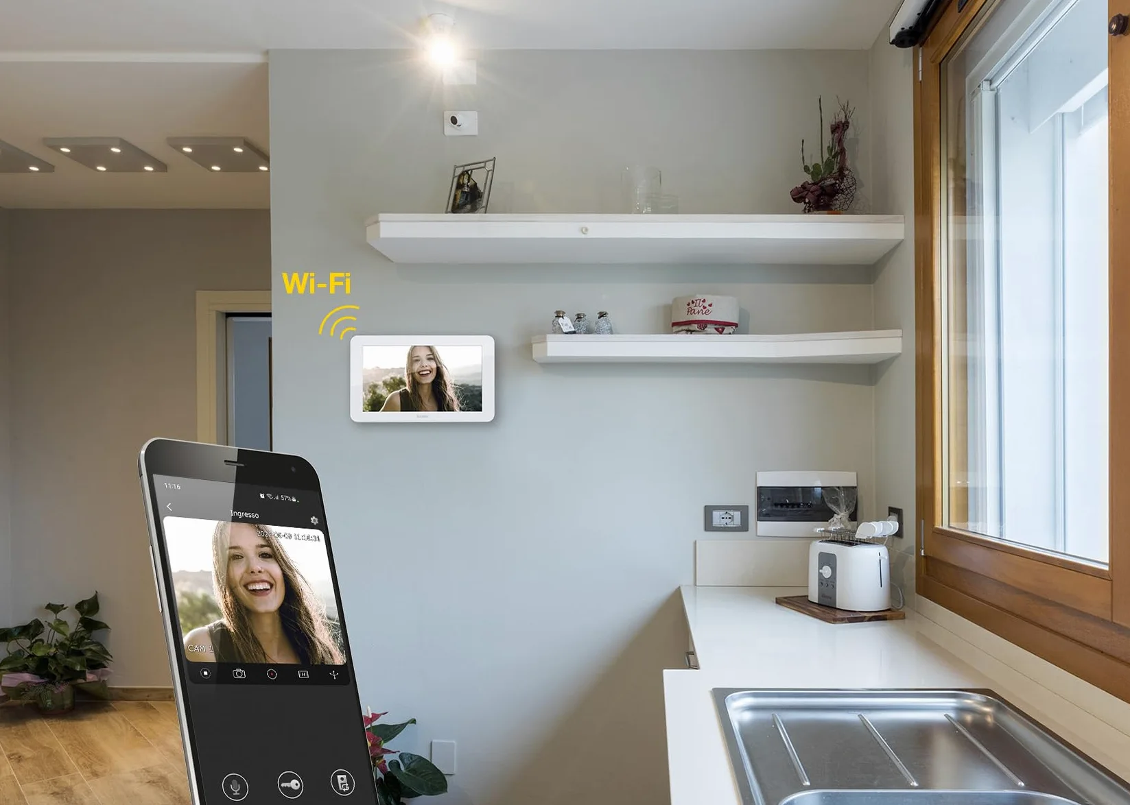 Vimar K42955 Kit videocitofono WIFI monofamiliare, alimentatore barra DIN, touch screen vivavoce Wi-Fi a colori LCD 7", targa audiovideo RFID